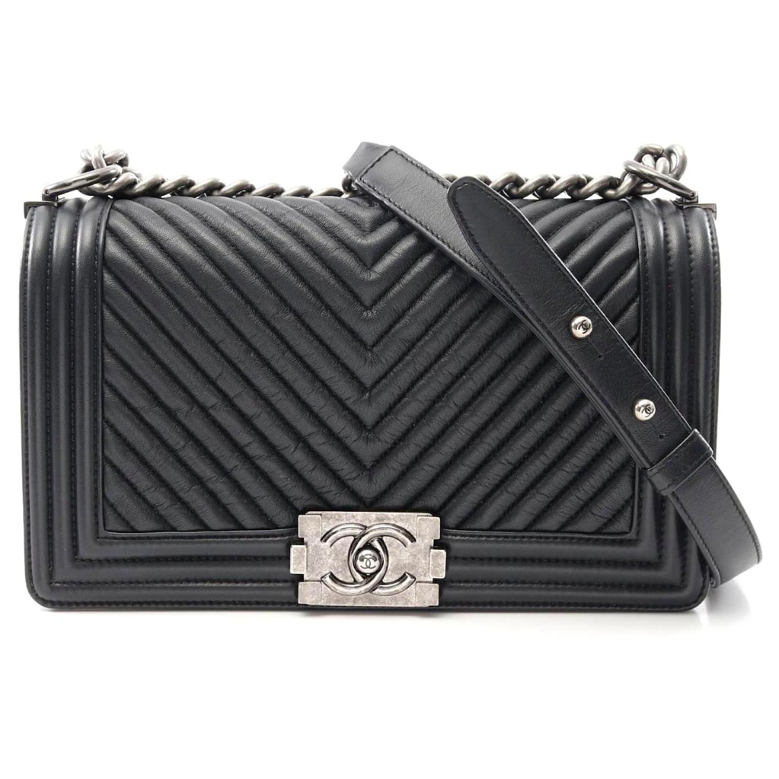 Chanel Boy V-Stitch Chevron Lambskin Shoulder Bag Grey Leather  ref.2323076
