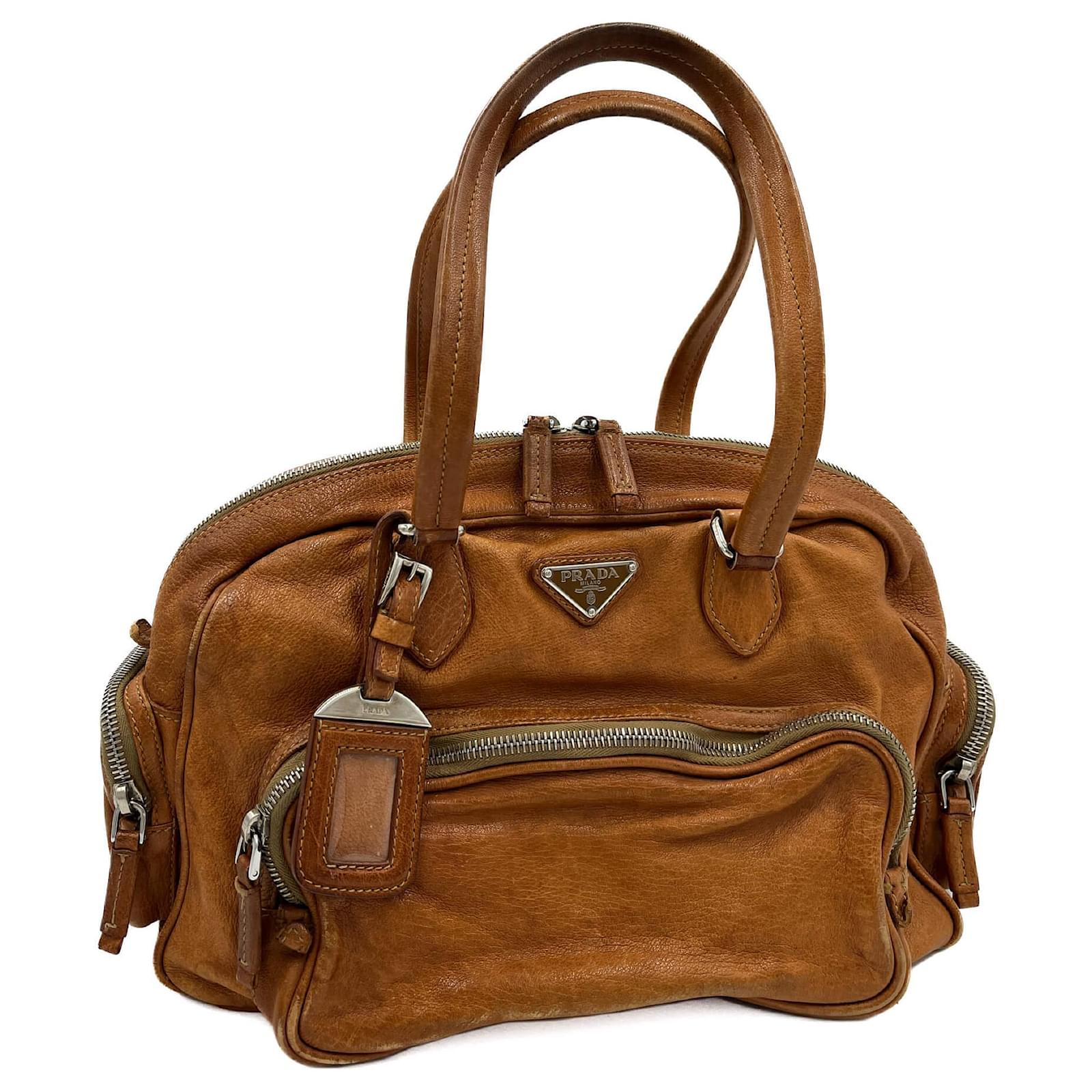 Prada Bowling Winkler Leather Bowler Shoulder Bag Caramel  ref.2235208