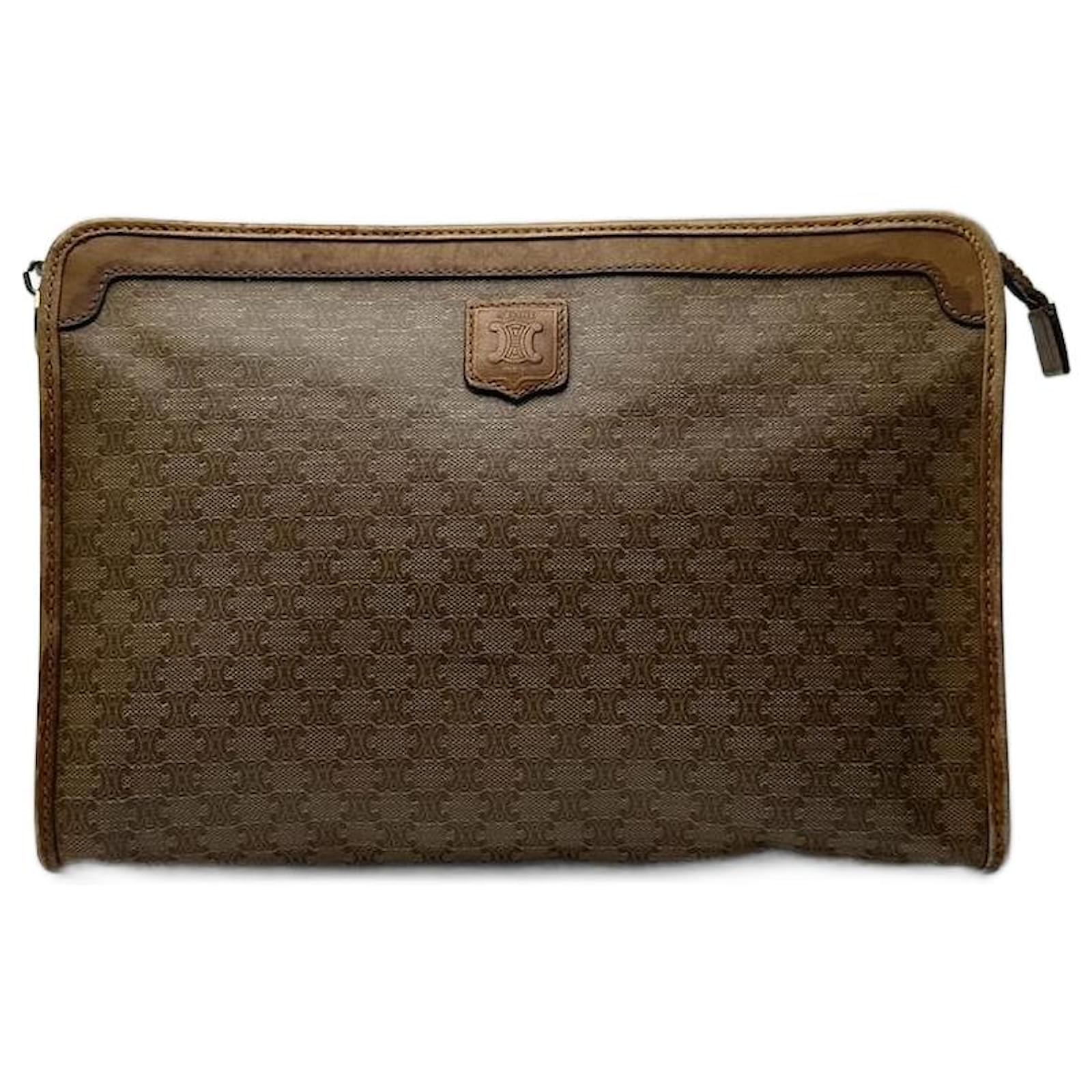 Céline Vintage Celine Paris Triomphe Monogram Clutch Beige Brown Golden Leather  ref.2322604