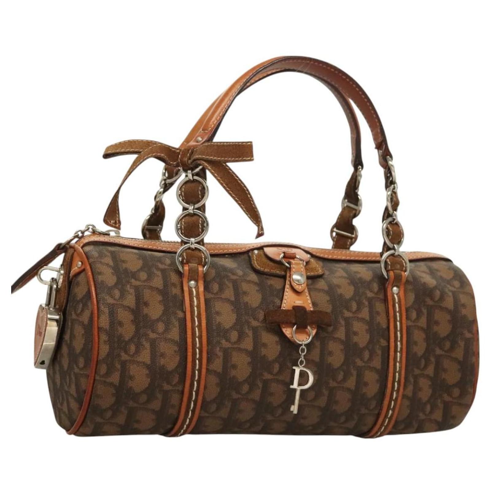 Christian Dior Trotter Canvas Romantic Hand Bag PVC Brown Silver Auth 128552V Silvery  ref.2322521