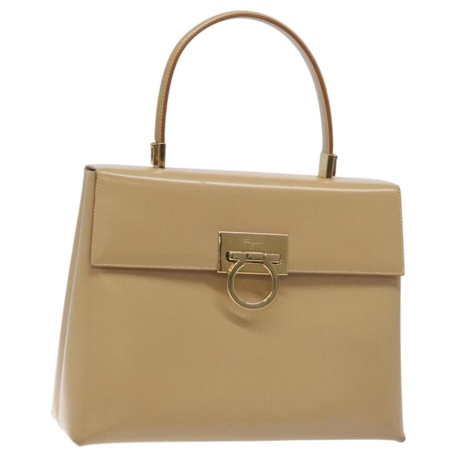 Salvatore Ferragamo Gancini Hand Bag Leather Beige Gold Auth 129311 Golden  ref.2322500
