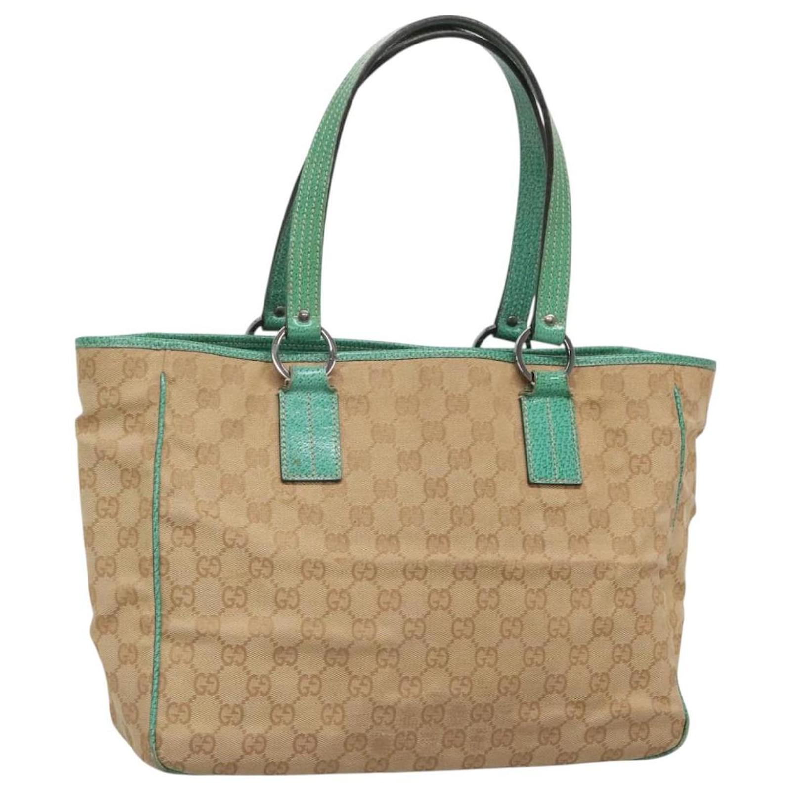 GUCCI GG Canvas Tote Bag Beige Green Silver 113017 Auth 125798 Silvery Cloth  ref.2322491