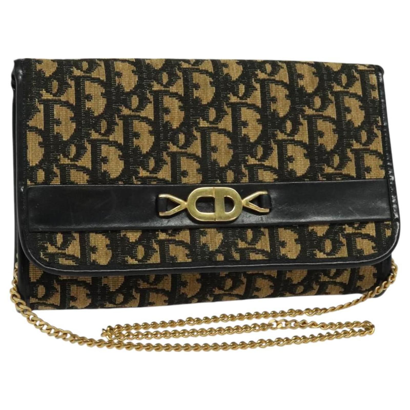 Christian Dior Trotter Canvas Chain Shoulder Bag Black Gold Auth 127682 Golden  ref.2322468