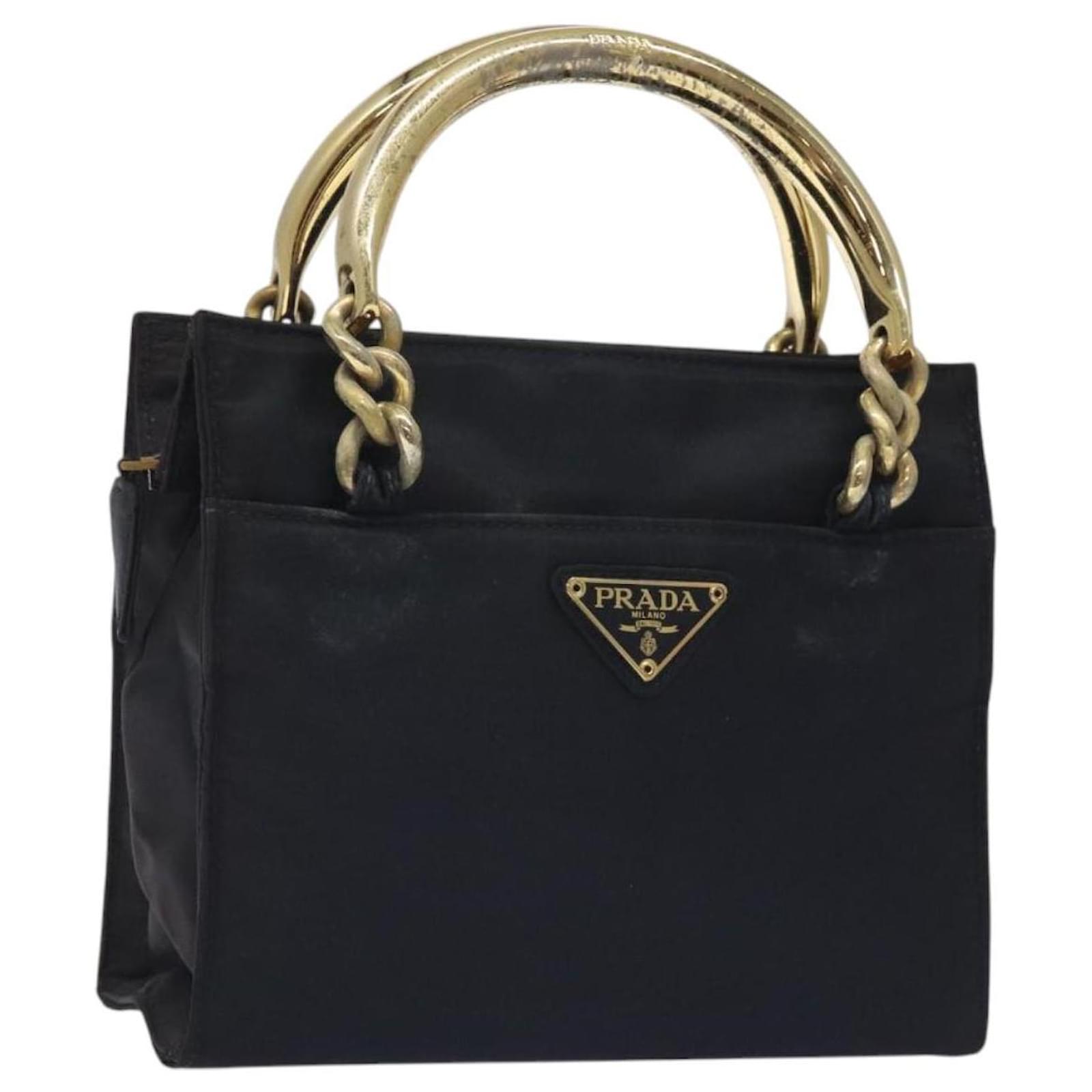 PRADA Hand Bag Nylon Black Gold Auth 127317 Golden  ref.2322419
