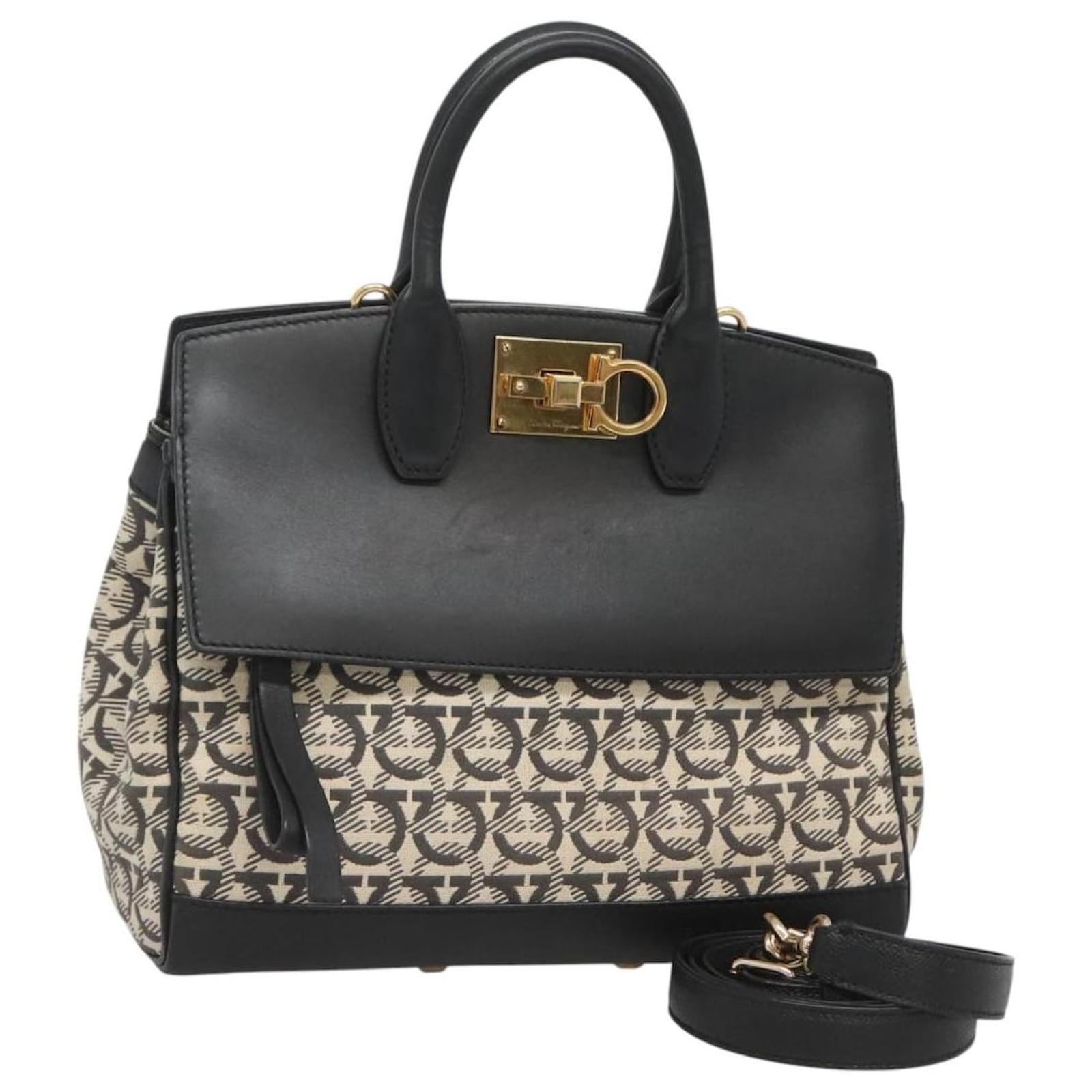 Salvatore Ferragamo Gancini Hand Bag Canvas Leather 2way Black Gold Auth 127312 Golden Cloth  ref.2322407