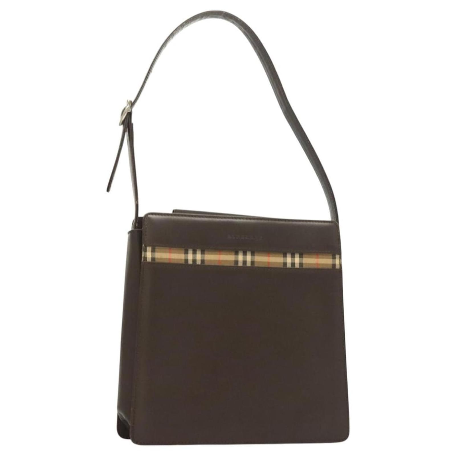 BURBERRY Nova Check Shoulder Bag Leather Brown Silver Auth bs26690 Silvery  ref.2322366