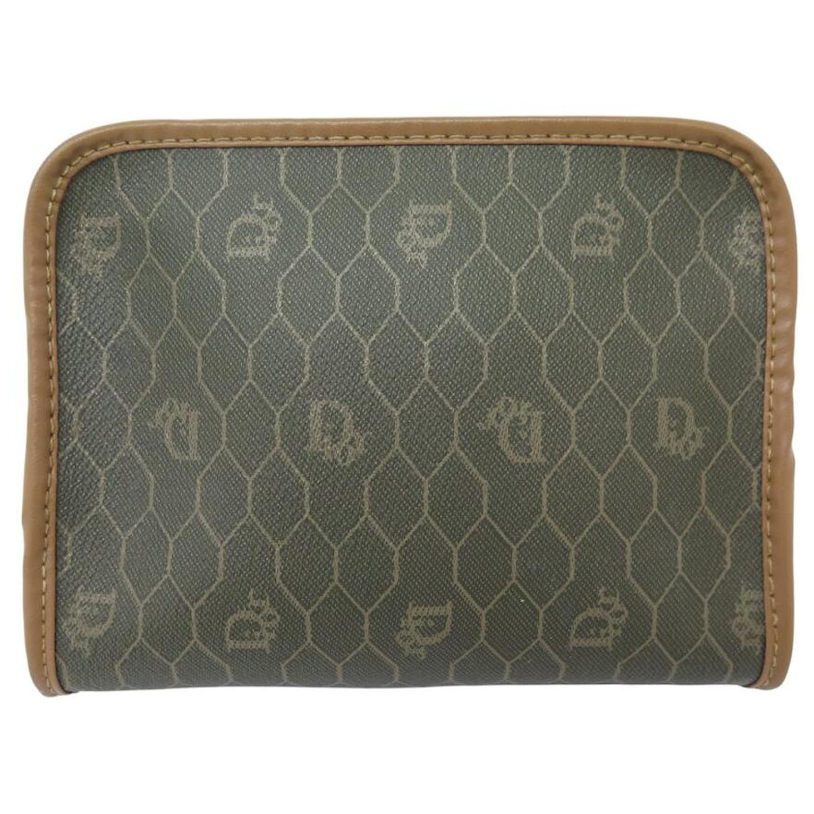 VINTAGE CHRISTIAN DIOR BEEHIVE CANVAS CLUTCH POUCH Brown Leather  ref.2165134