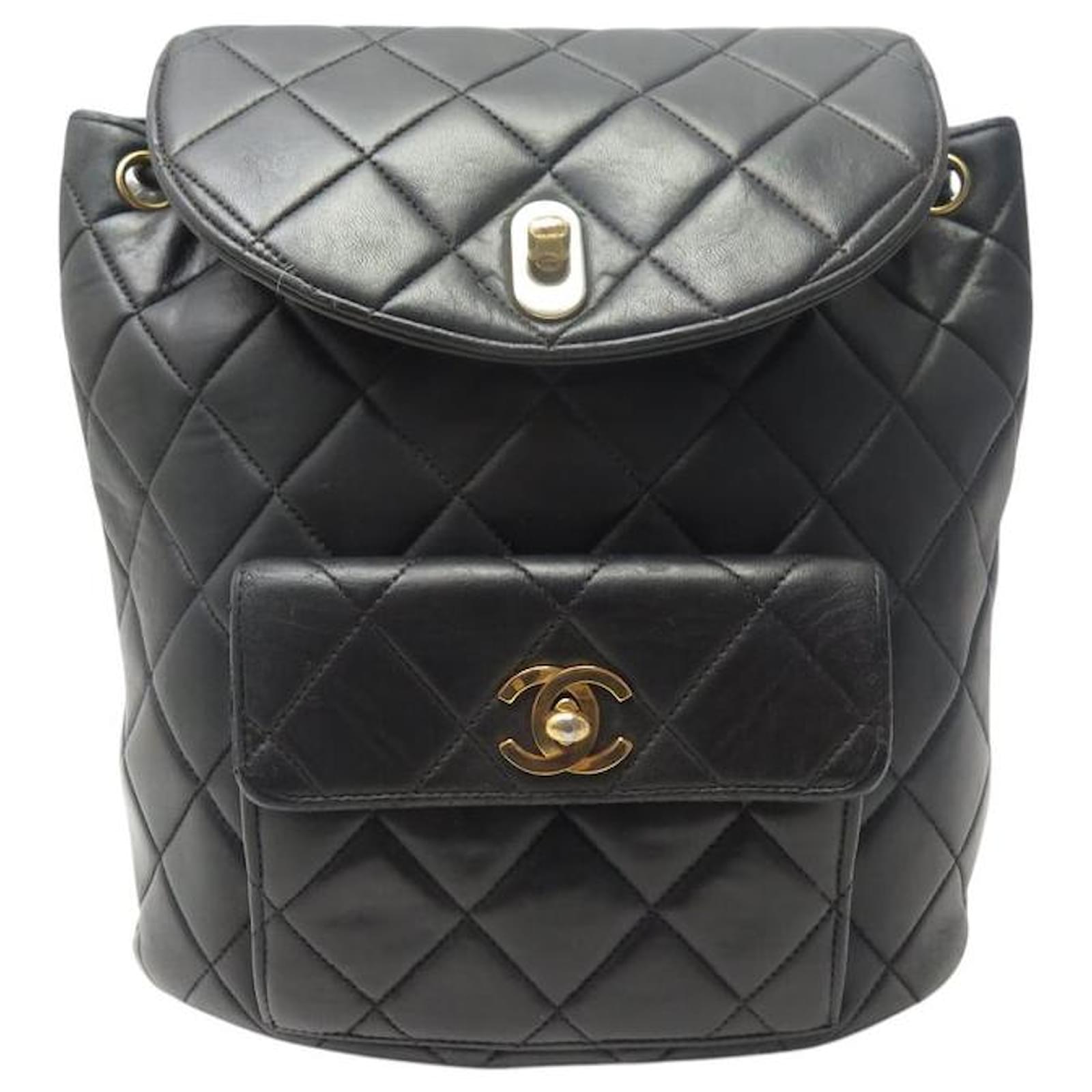 VINTAGE CHANEL BACKPACK TIMELESS LOGO CC QUILTED BAG Black Leather  ref.2251060