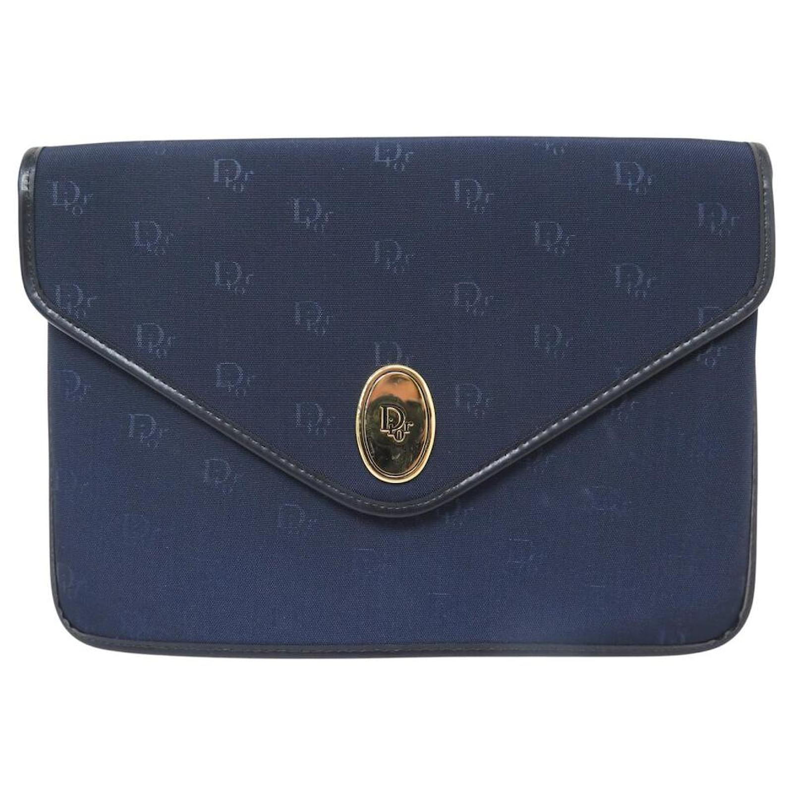 VINTAGE CHRISTIAN DIOR MONOGRAM CANVAS NAVY CLUTCH BAG Navy blue Cloth  ref.2236060