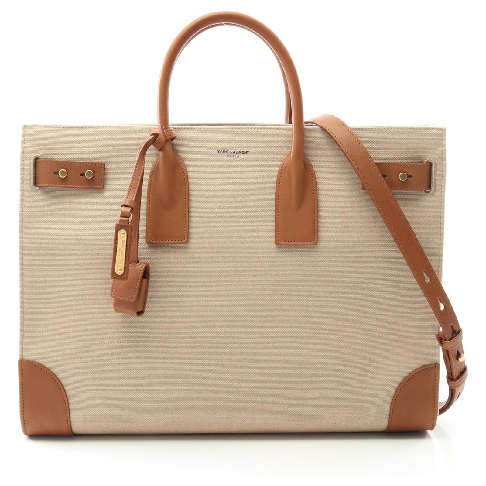 Saint Laurent Sac du Jour Thin Large Tote Bag Brown Beige Leather Cloth  ref.2320887