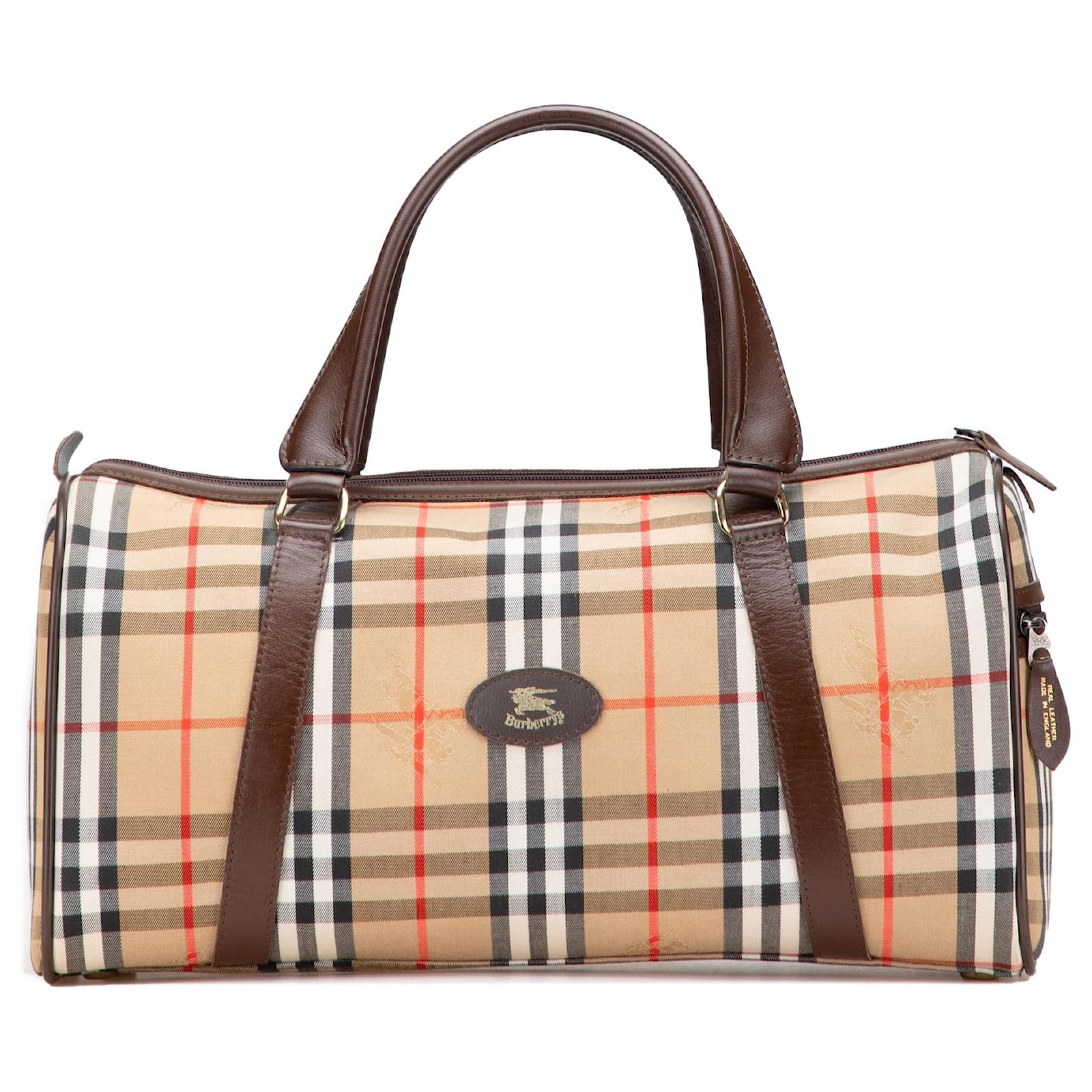 Burberry Brown Haymarket Check Canvas Boston Bag Beige Leather Cloth Pony-style calfskin Cloth  ref.2320656
