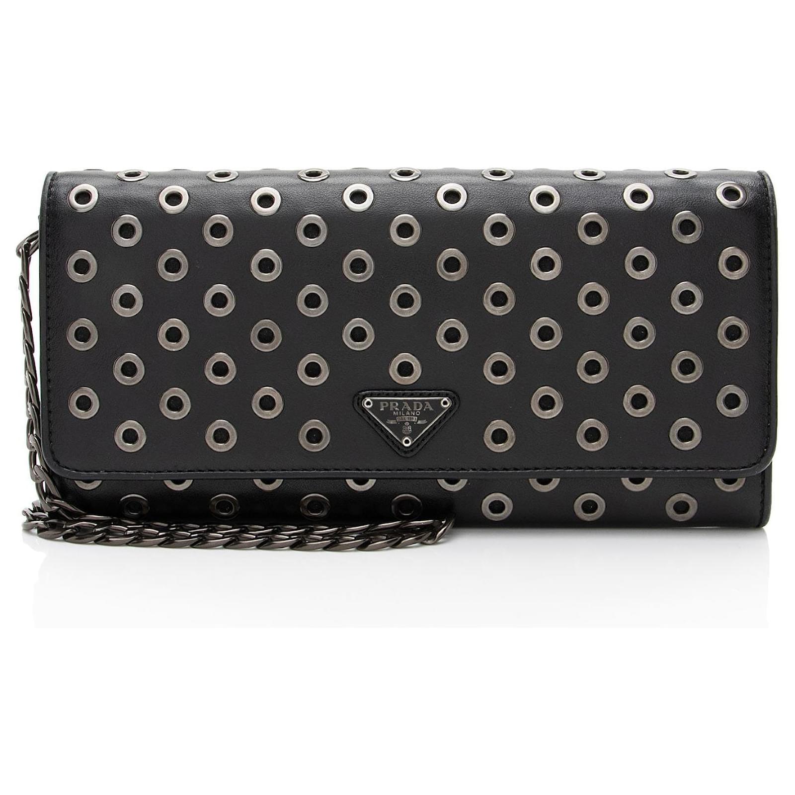 Double Prada Soft Calf Grommet Wallet on Chain Black Leather Pony-style calfskin  ref.2324039