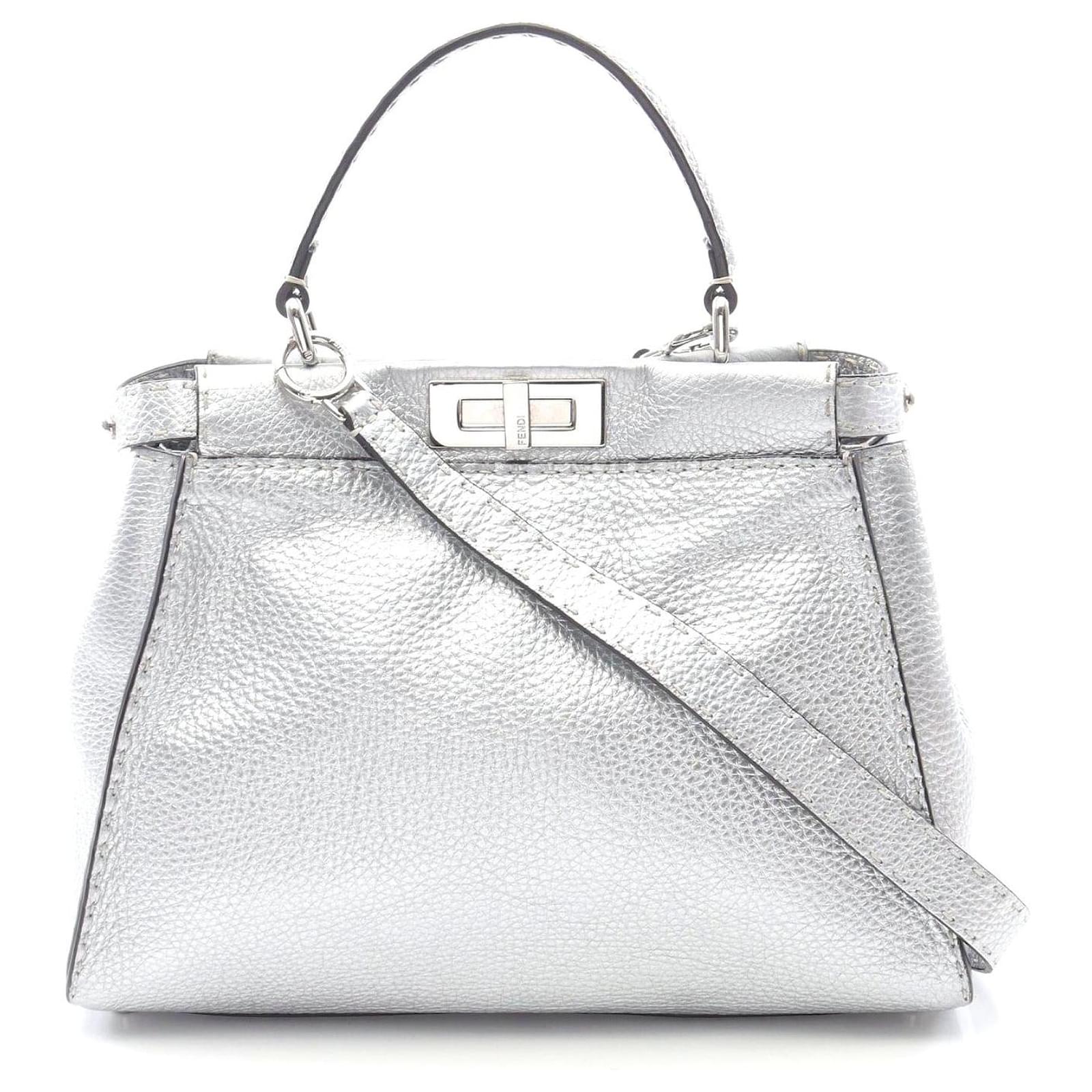 Fendi Peekaboo Regular Selleria Leather Handbag Silvery Metallic Pony-style calfskin  ref.2323973