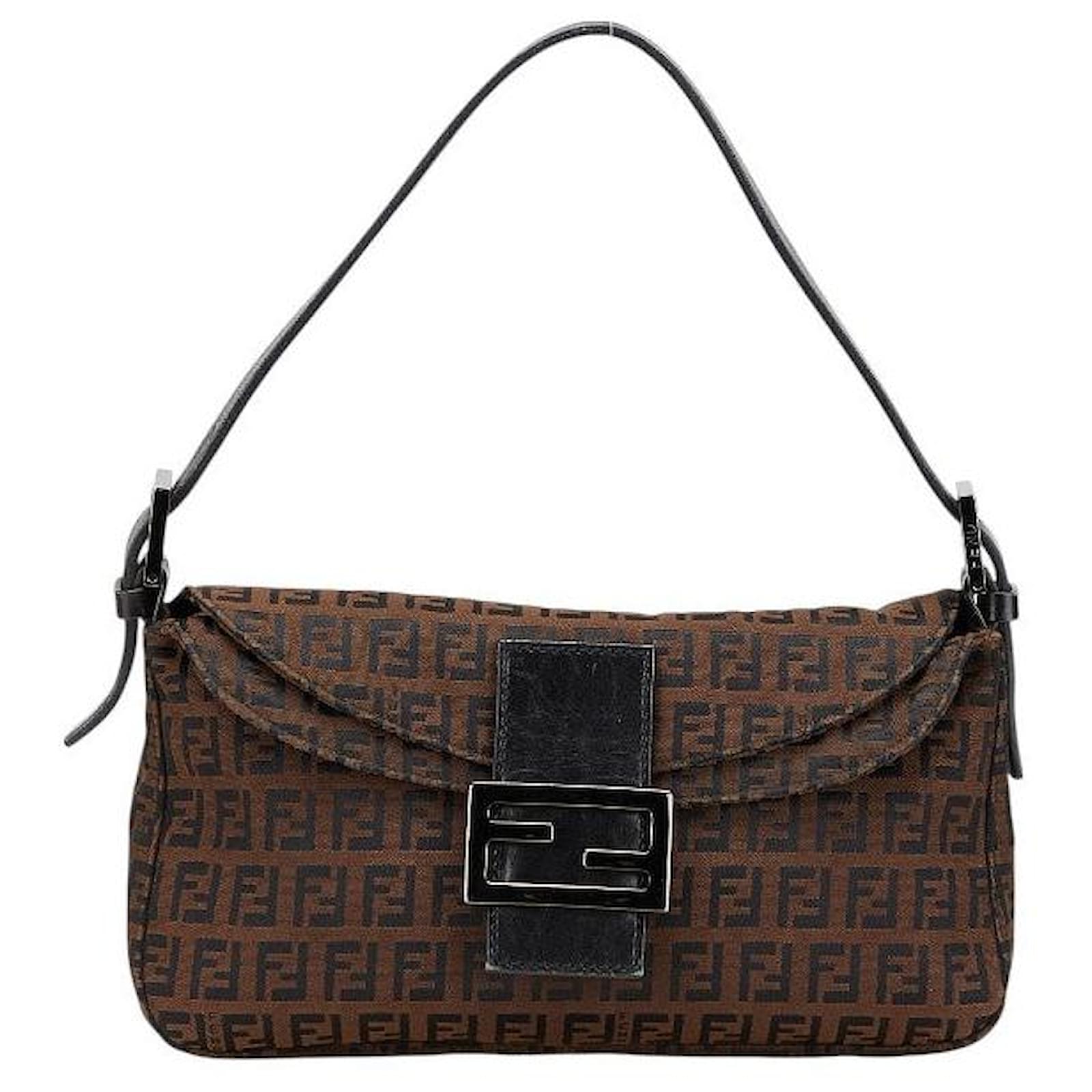 Fendi Mamma Baguette Zucca Canvas Leather Handbag Brown Cloth  ref.2323858