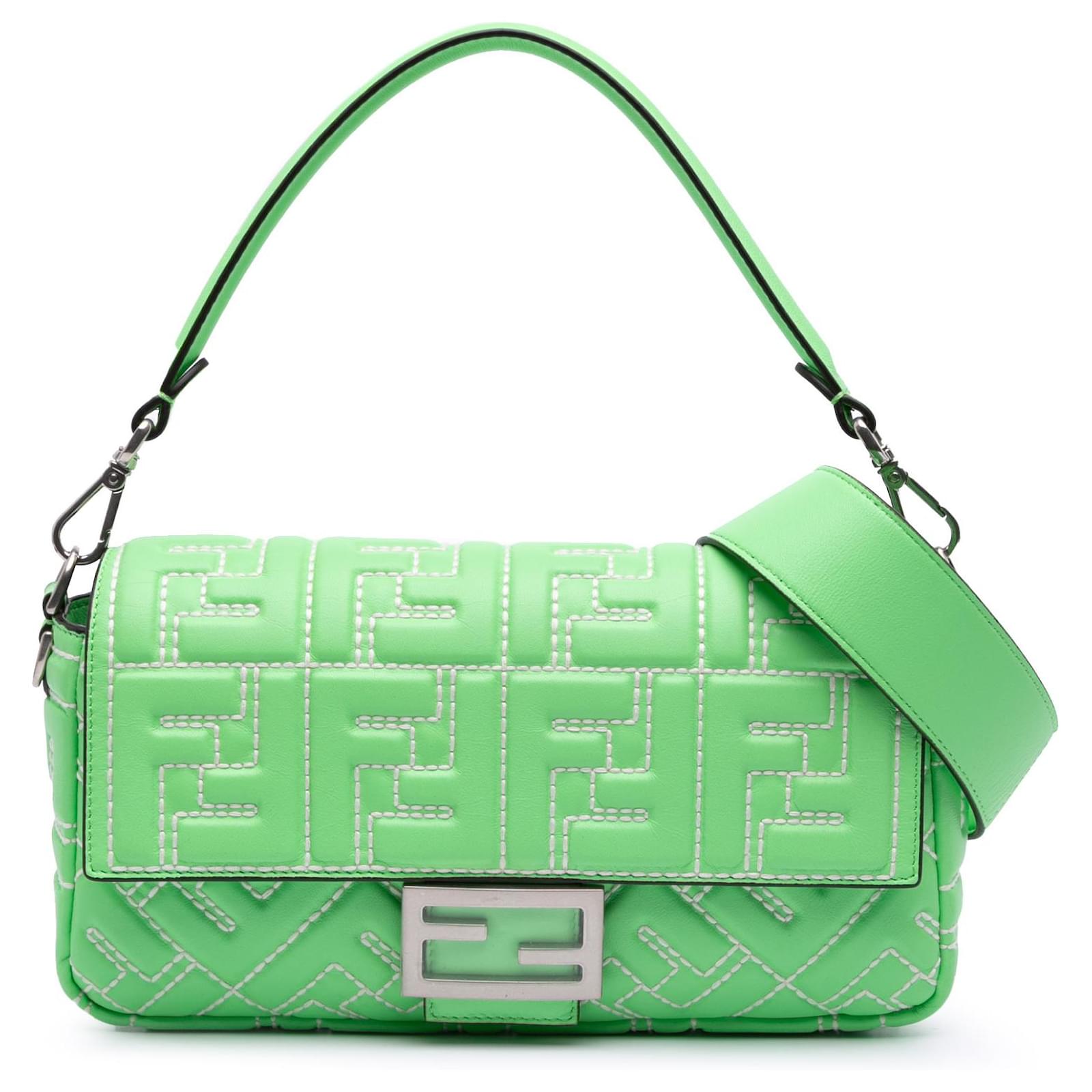 Fendi Green Medium Leather Embossed FF Baguette Satchel Pony-style calfskin  ref.2320665