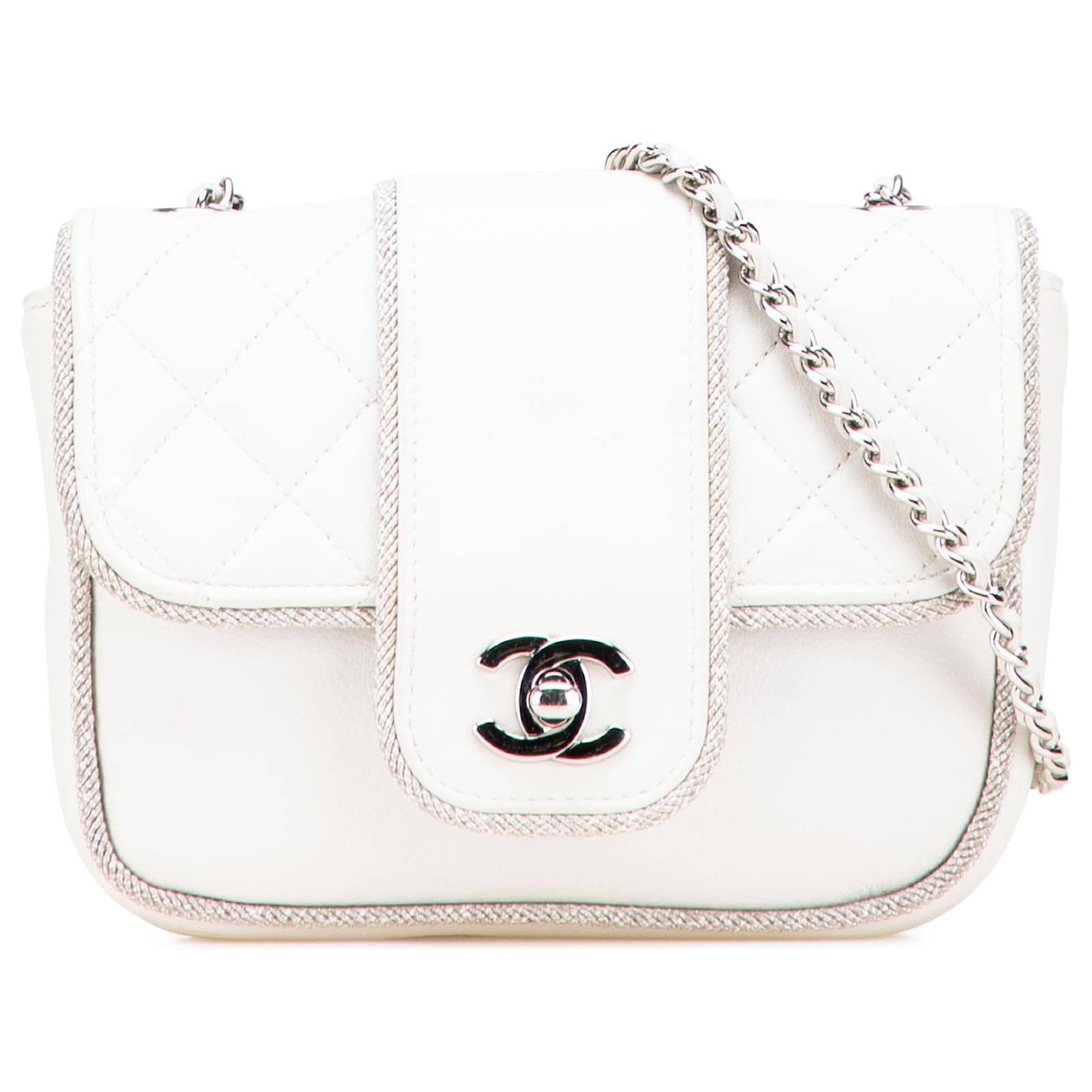 Chanel White Mini Quilted Lambskin and Metallic Trim Elementary Chic Flap Leather  ref.2320615