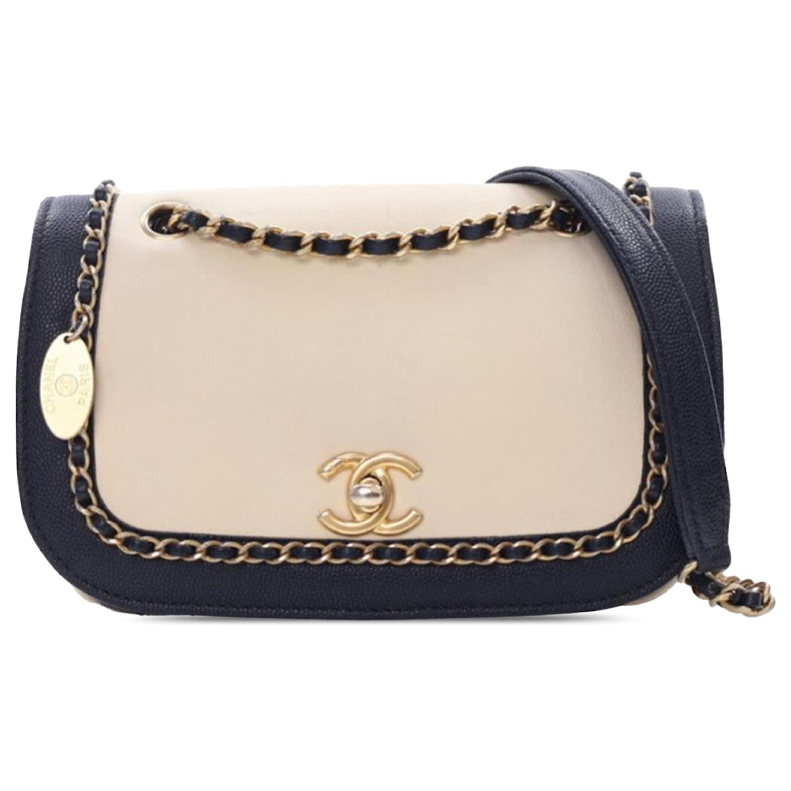 Chanel Brown Lambskin and Caviar Lovely Chains Flap Beige Navy blue Leather  ref.2320597