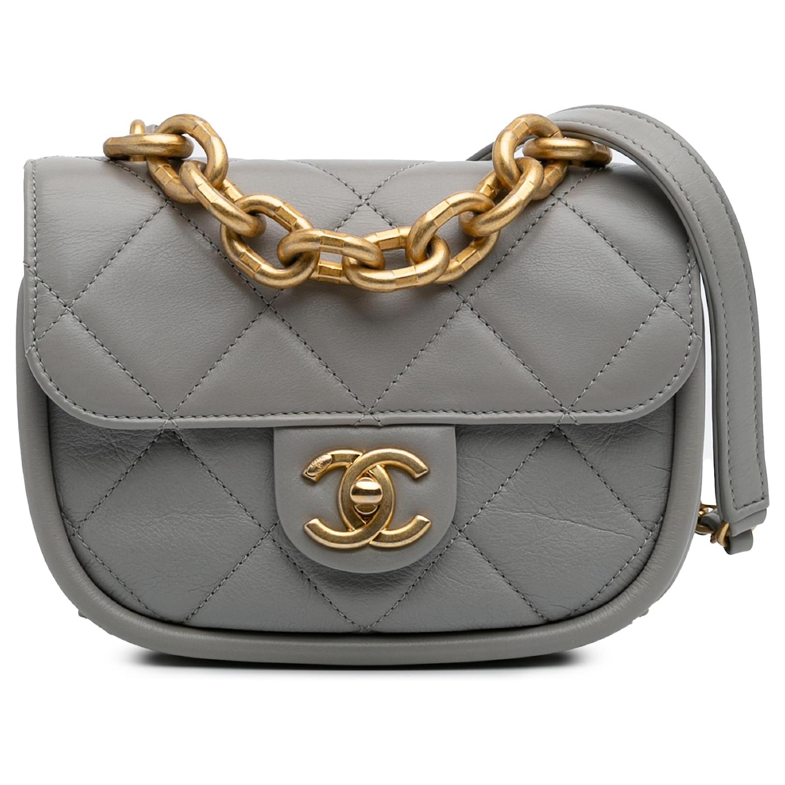 Chanel Gray CC Quilted Lambskin Rounded Flap Brown Leather  ref.2320577