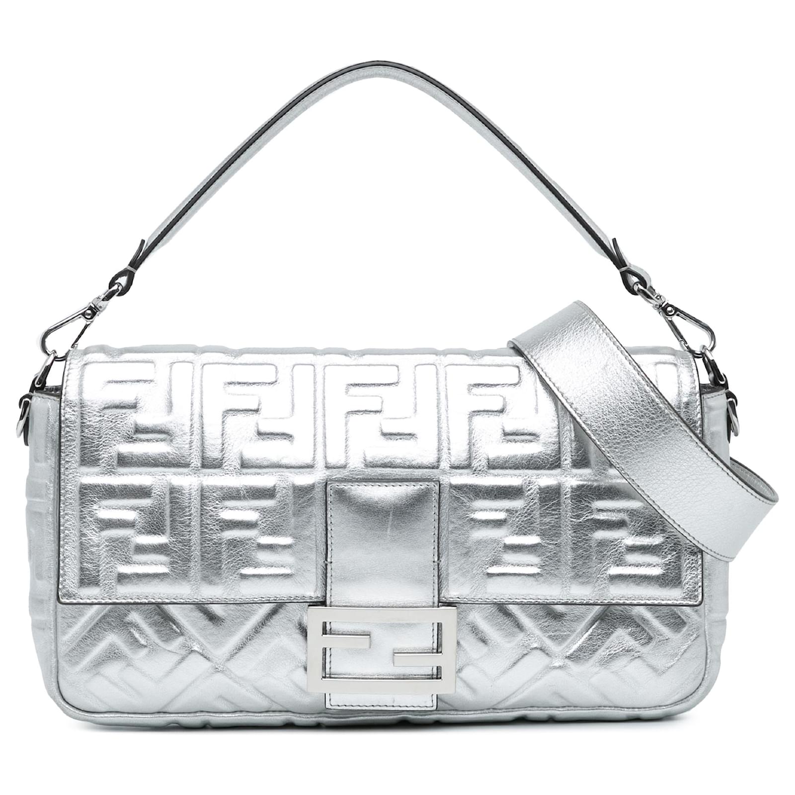 Fendi Silver Large Zucca Embossed Baguette Satchel Silvery Leather Pony-style calfskin  ref.2320575