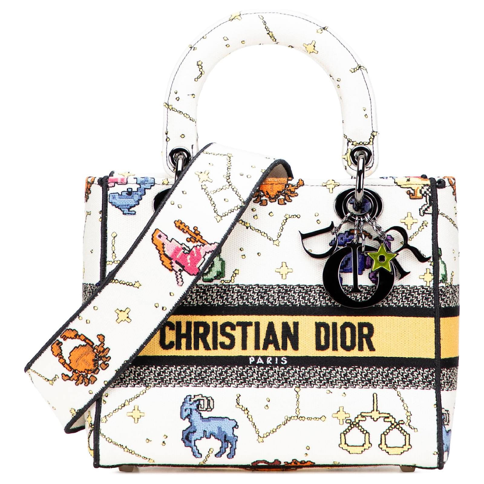 Dior White Medium Embroidered Canvas Pixel Zodiac Lady D Lite Eggshell Cloth Cloth  ref.2320571