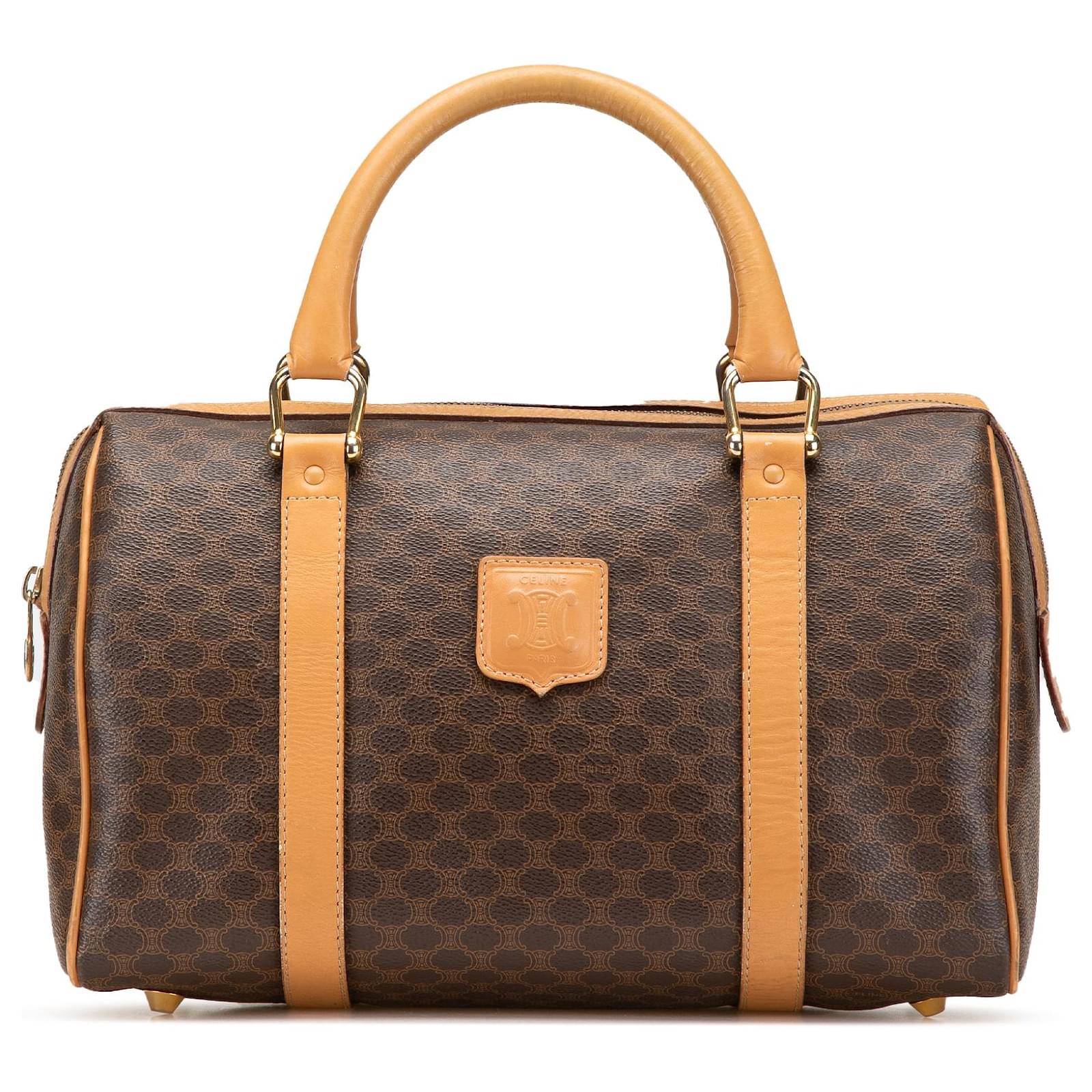 Céline Celine Brown Macadam Coated Canvas Boston Bag Leather Cloth Pony-style calfskin Cloth  ref.2320543