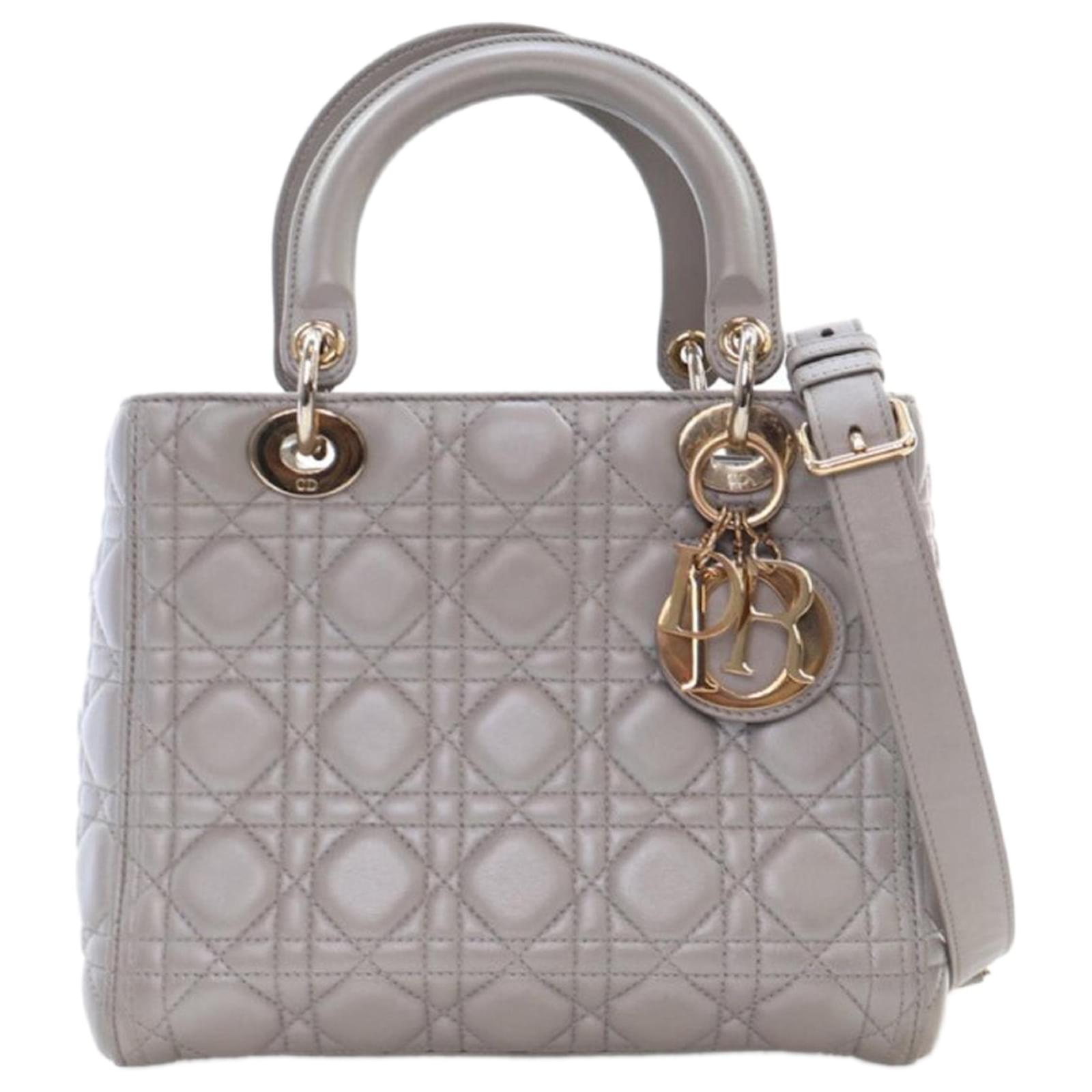 Dior Gray Medium Lambskin Cannage Lady Dior Brown Leather  ref.2320502