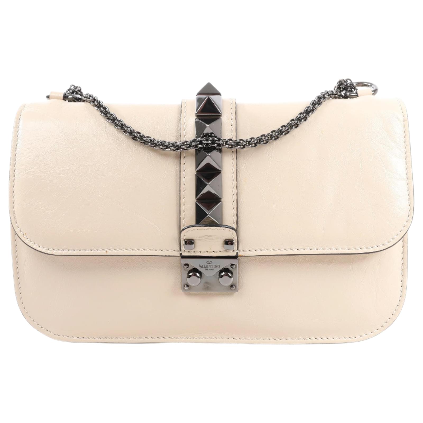 Valentino Garavani Valentino Rockstud Glam Lock Leather Chain Shoulder Bag in Beige  ref.2320153