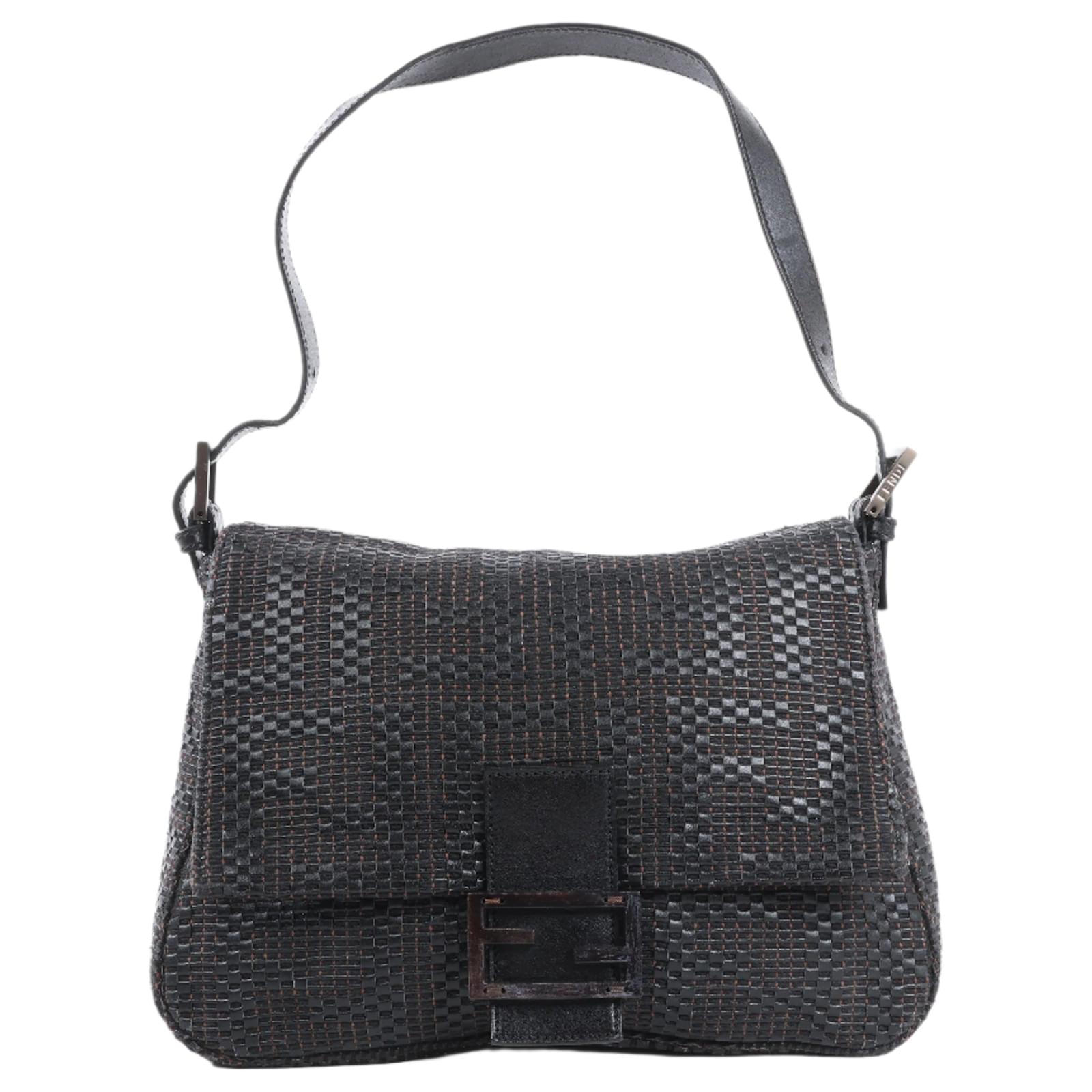 FENDI Zucchino Mamma Baguette Leather Shoulder bag in Black 8BR001 Brown  ref.2320039