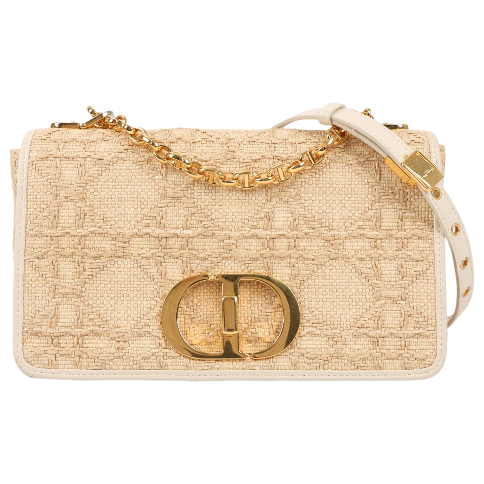 Christian Dior Caro Raffia x Leather Medium Shoulder Bag in Beige Cloth  ref.2319956