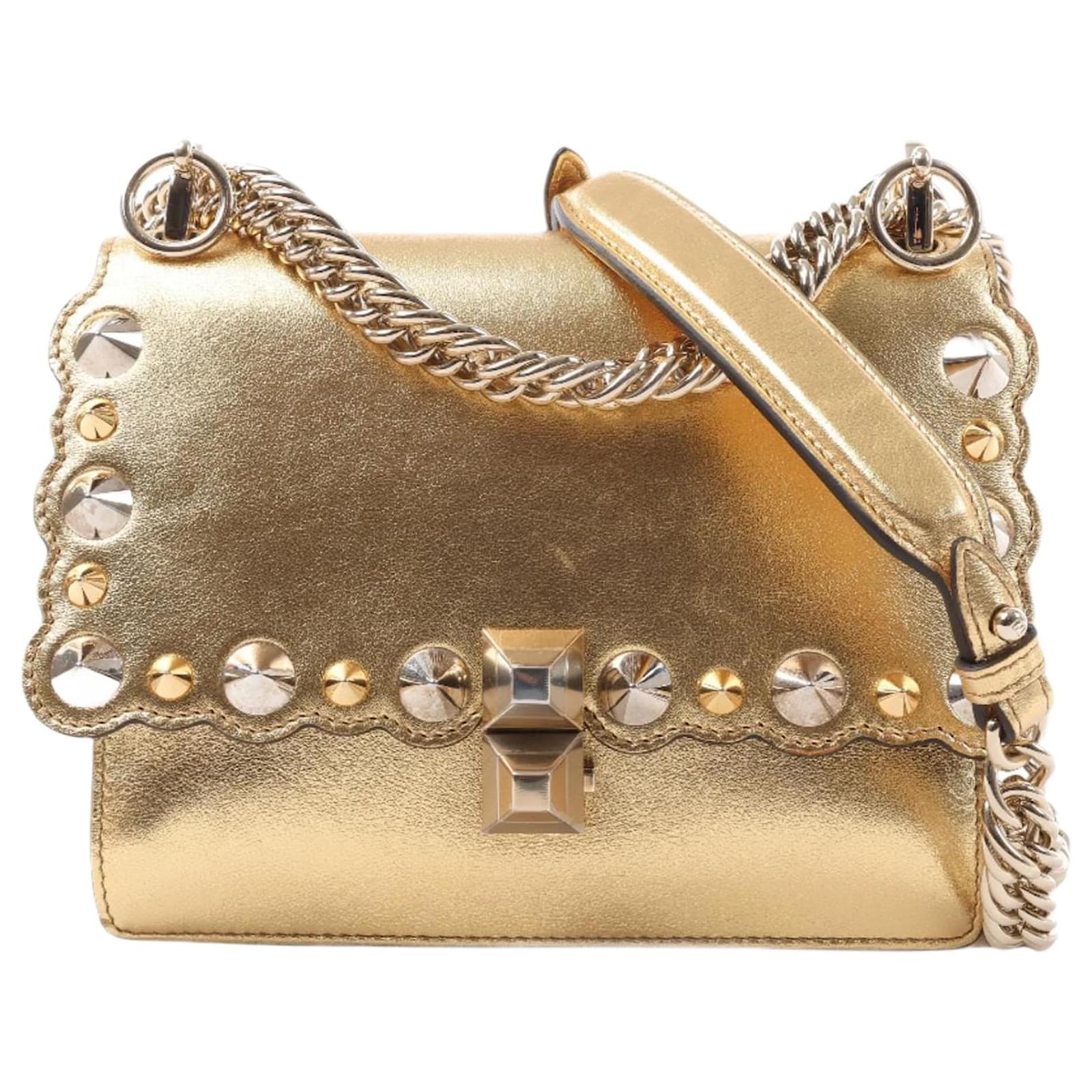 FENDI Mini Kan I Leather Chain Shoulder Bag in Gold 8M0381 Brown  ref.2319714