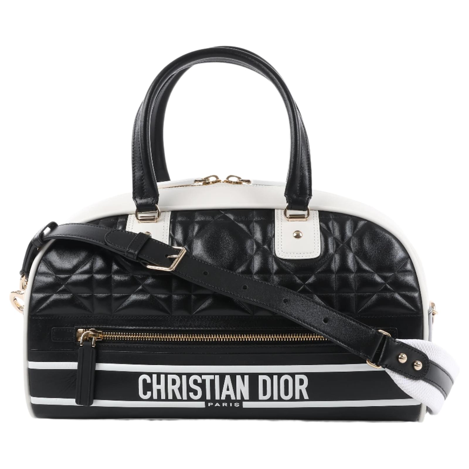 Christian Dior Large Dior Vibe Zip Bowling Bag in Black x White Beige Leather  ref.2319673
