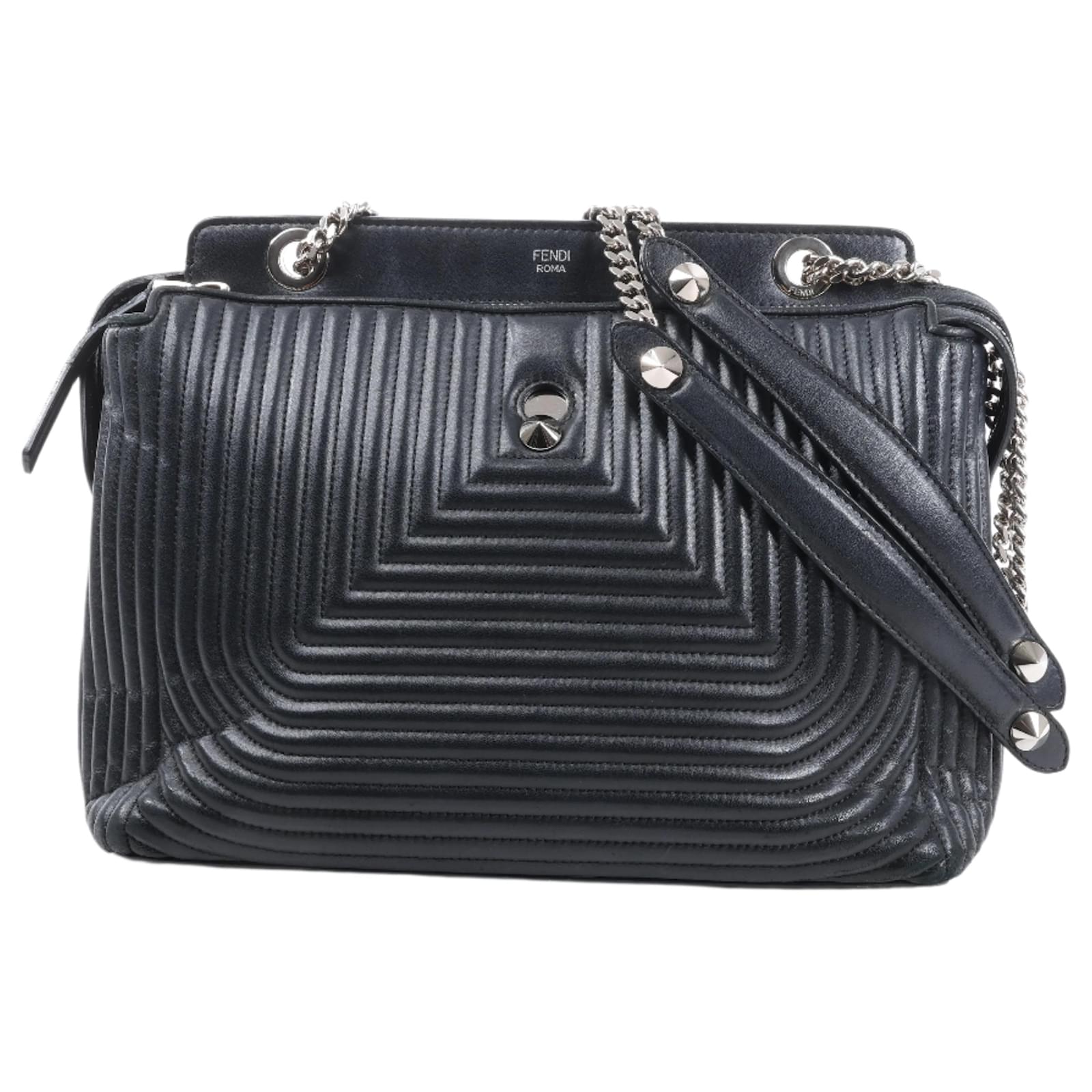 Fendi Dotcom Leather Chain Semi Shoulder Bag in Black  ref.2319619