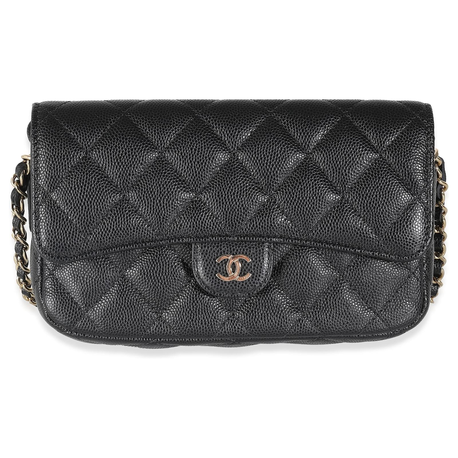 Timeless Chanel Black Quilted Caviar Flap Phone Handbag With Chain Leather  ref.1449426