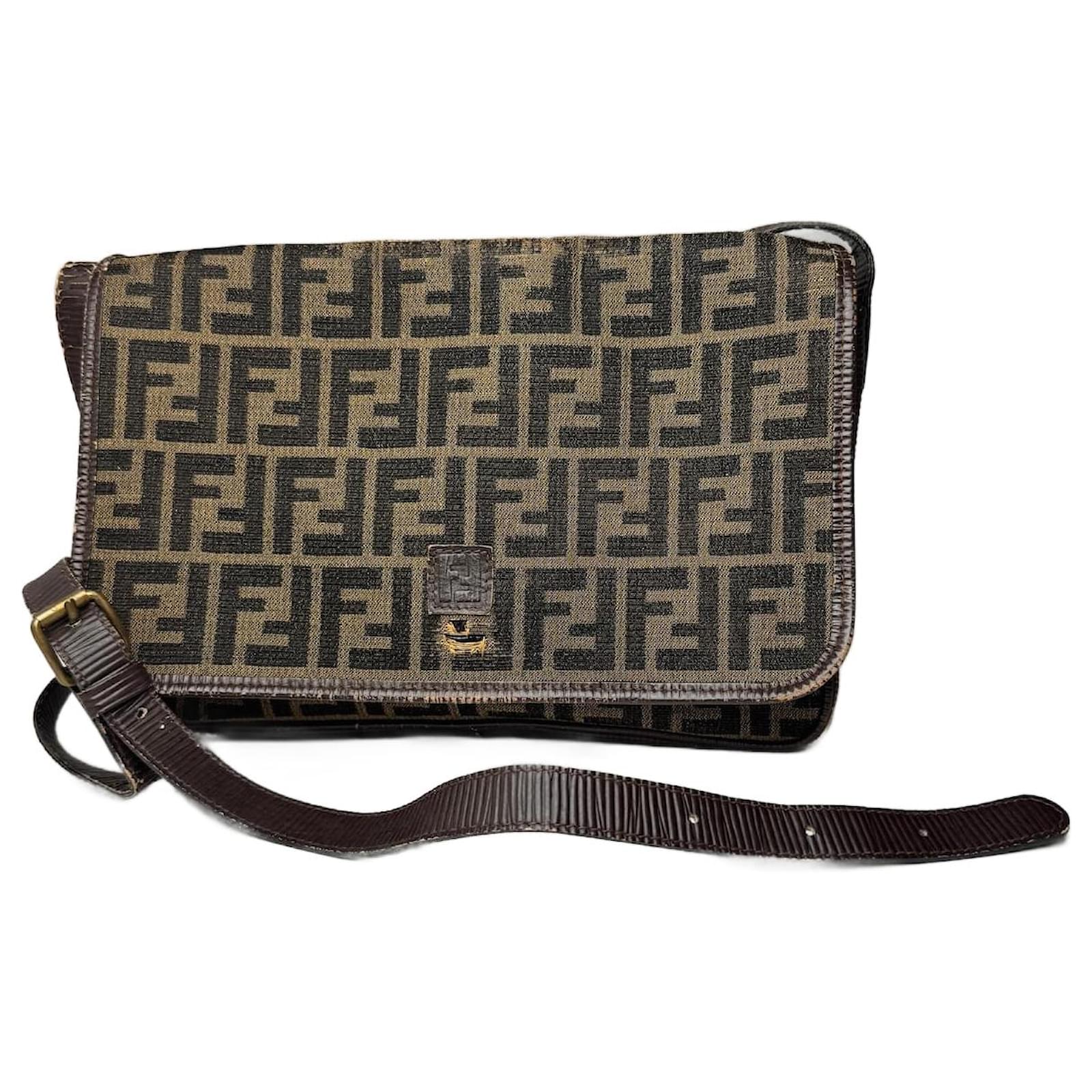 Vintage Fendi FF monogram Leather canvas Bag Brown  ref.2319346