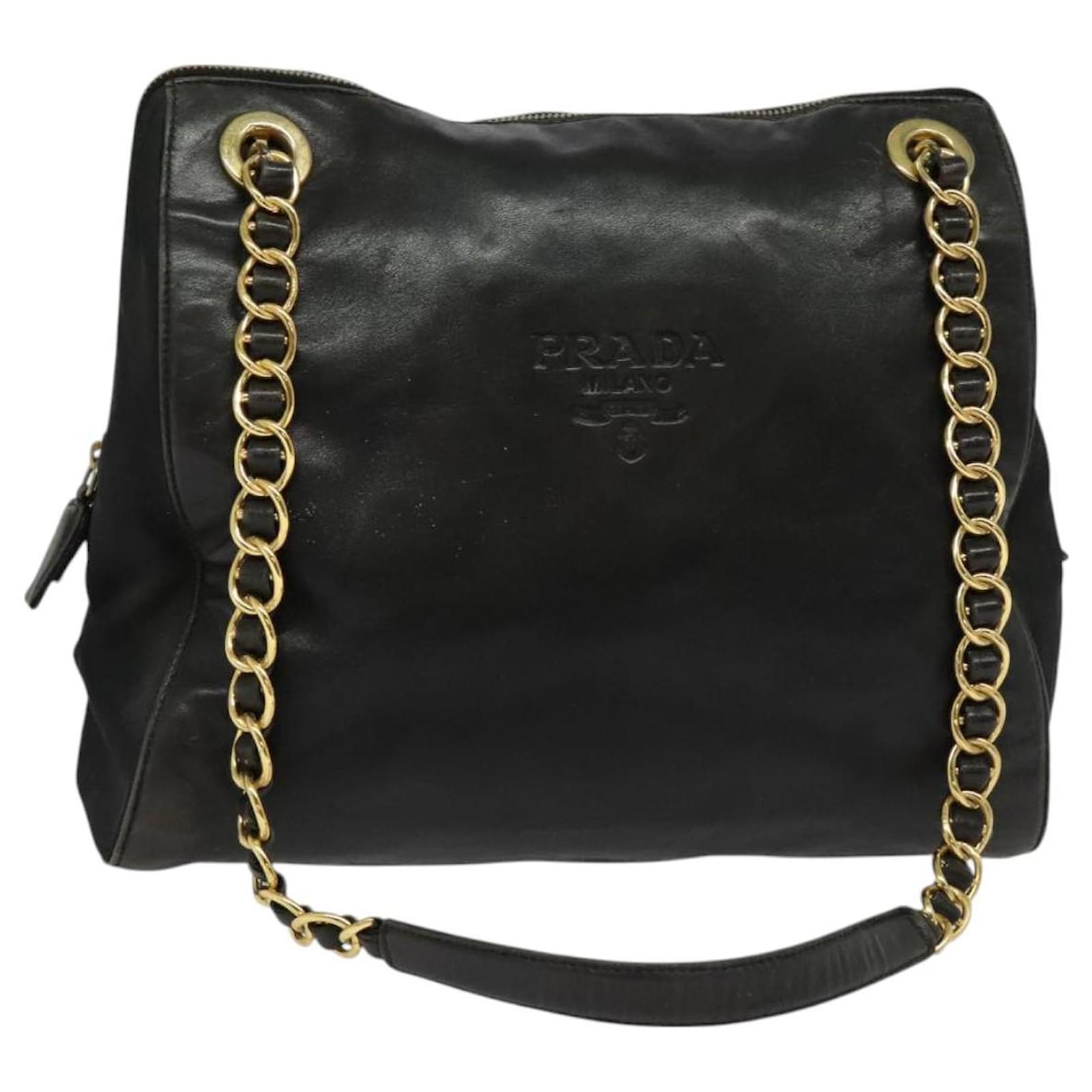 PRADA Chain Shoulder Bag Leather Black Gold Auth 127820 Golden  ref.2318682