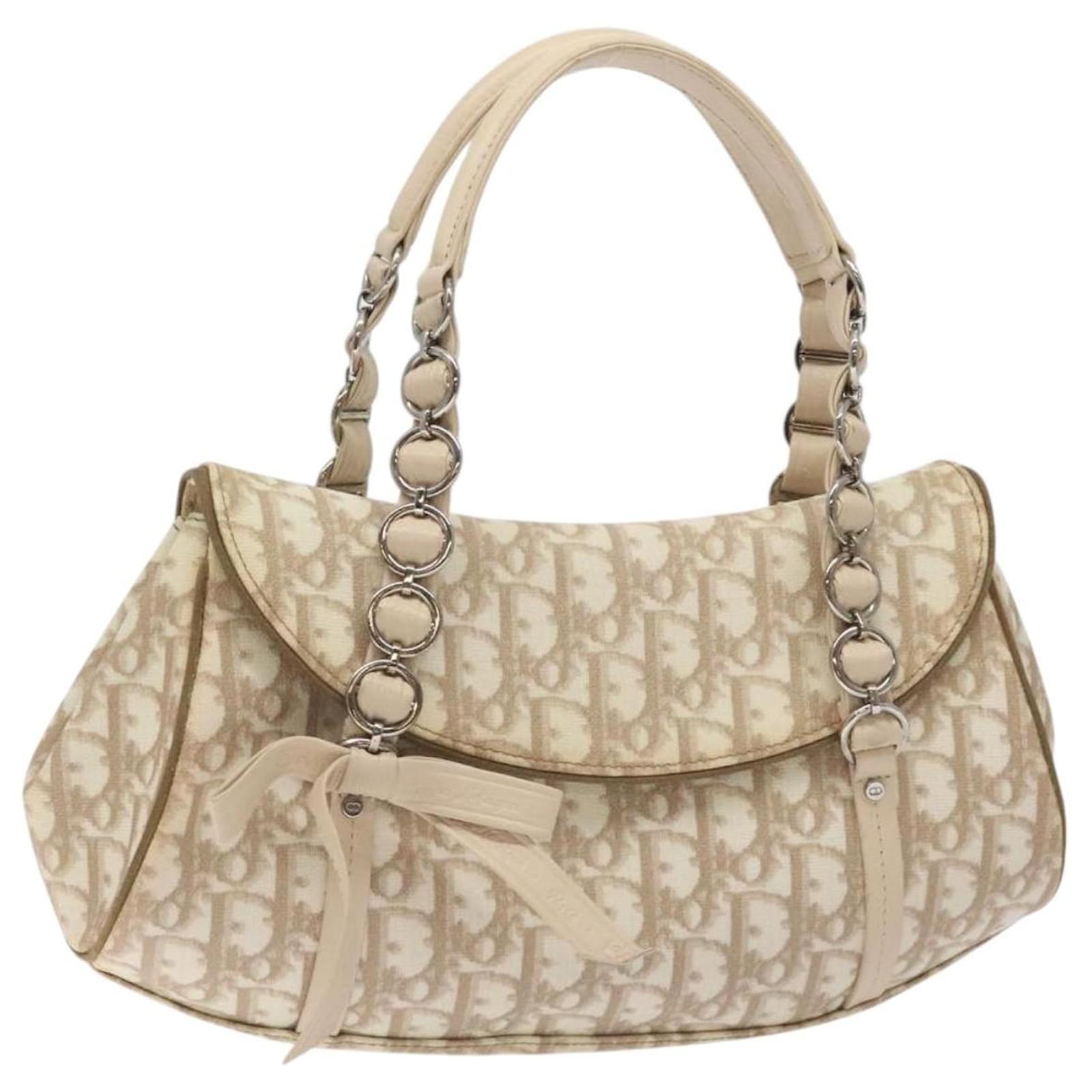 Christian Dior Trotter Canvas Romantic Hand Bag PVC Beige Silver Auth 127685 Silvery  ref.2318673