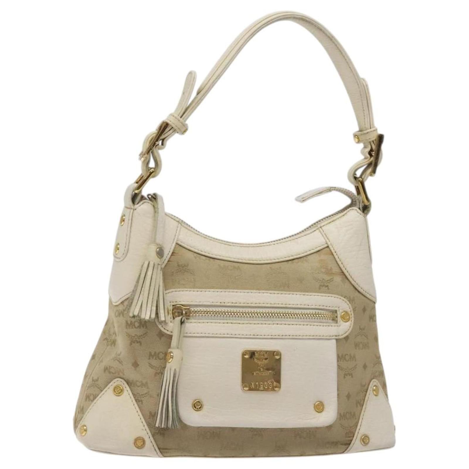 MCM Vicetos Logogram Shoulder Bag Canvas Beige Gold Auth 129427 Golden Cloth  ref.2318660