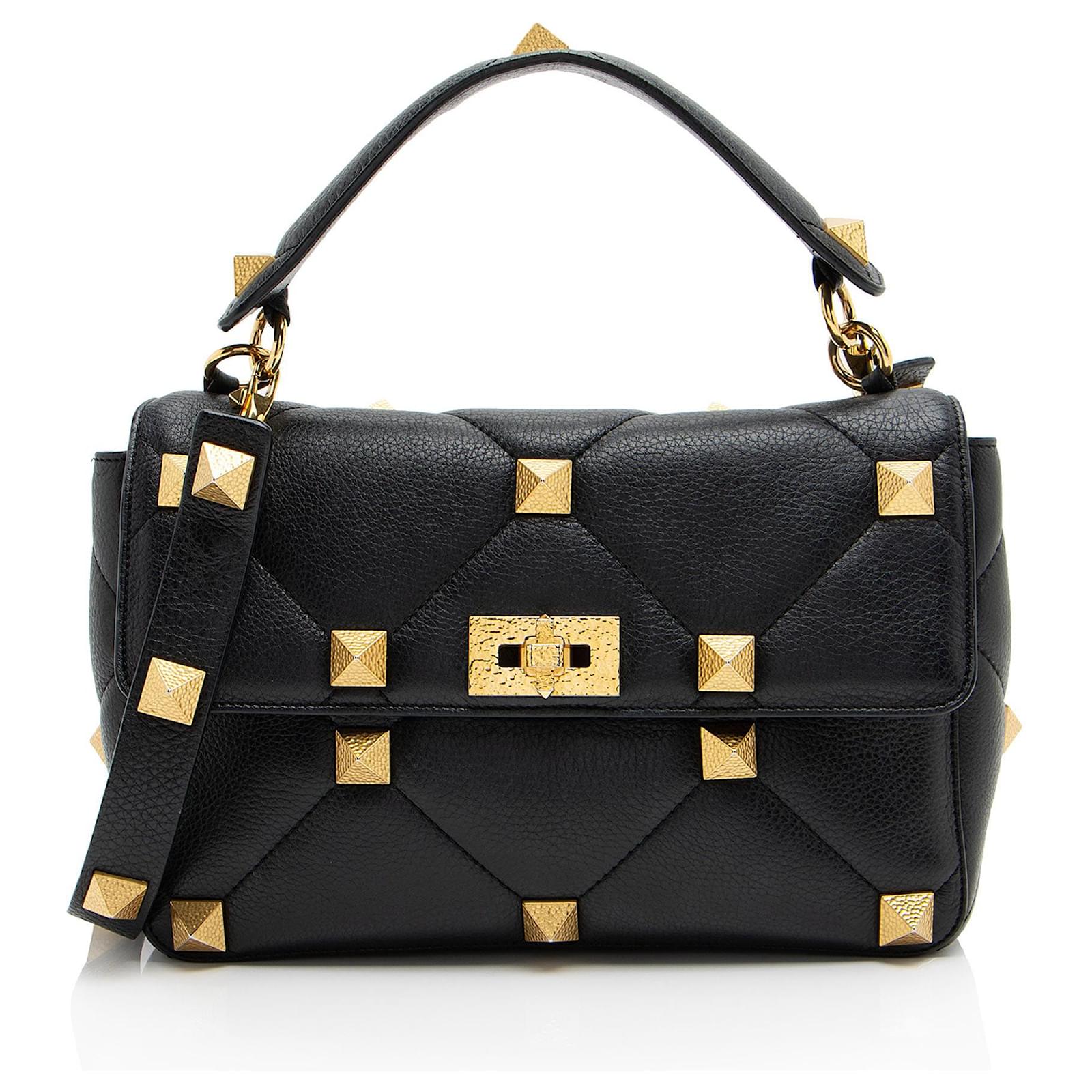 Valentino Garavani Valentino Grained Calfskin Hammered Roman Stud Medium Shoulder Bag Black Leather Pony-style calfskin  ref.2317401