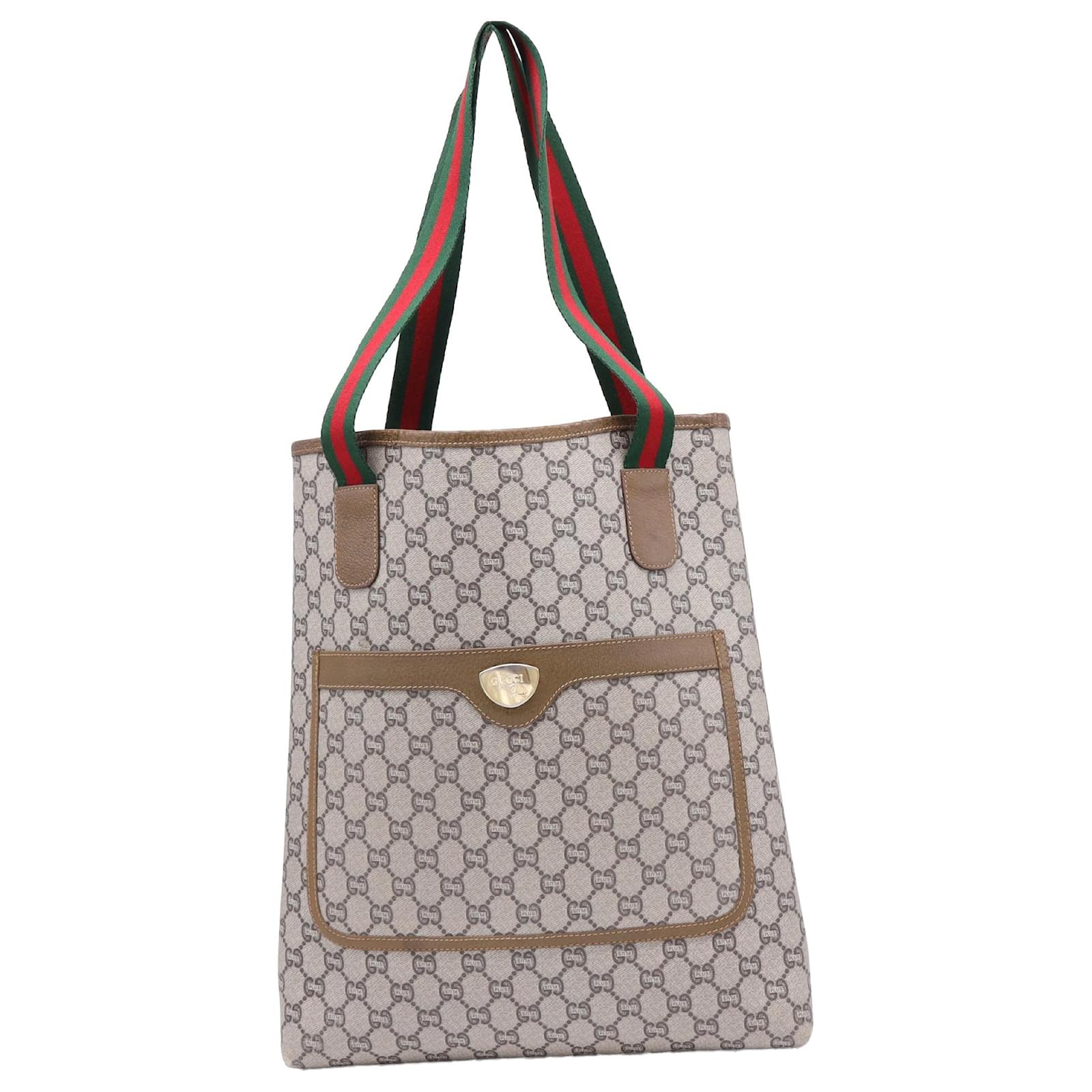Gucci Sherry Line GG Supreme Plus Tote Bag in Beige Coated Canvas Brown Red Leather  ref.2317337