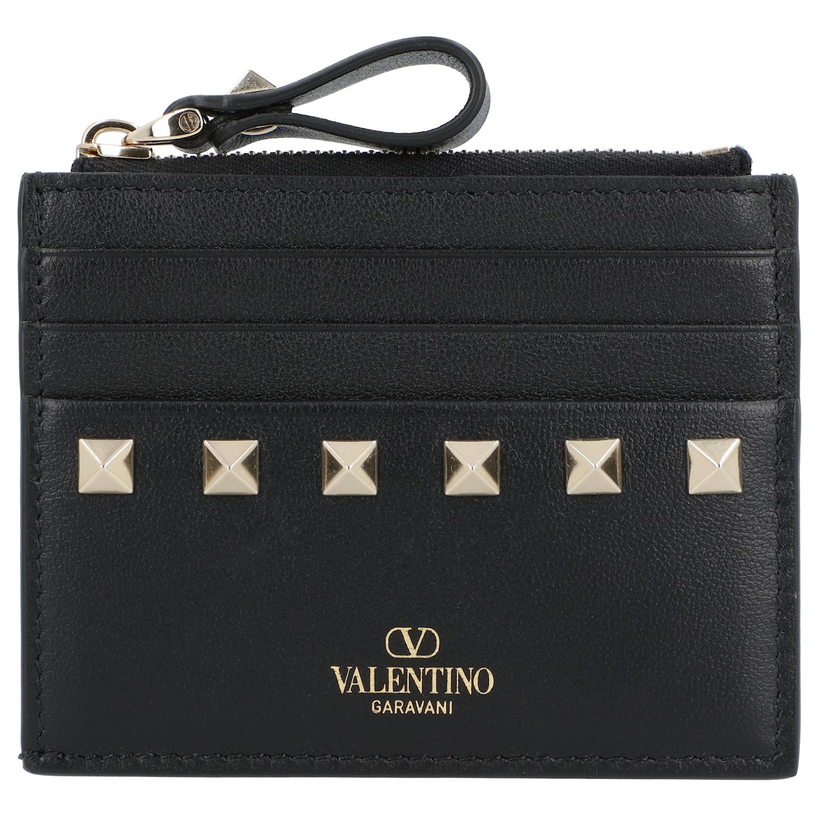 Valentino Garavani VALENTINO All Around Rockstud Coin Card Holder Black Leather Pony-style calfskin  ref.2317274