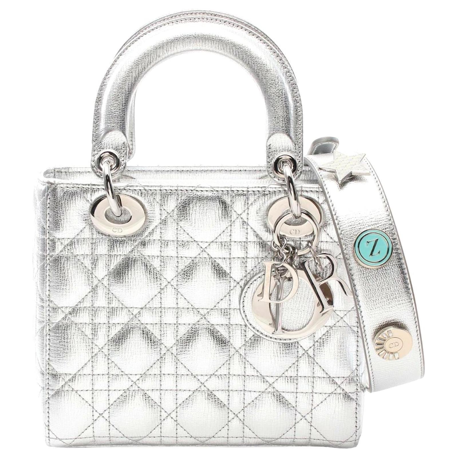 Dior Lady Dior Small Leather Handbag Silvery Metallic Pony-style calfskin  ref.2316733
