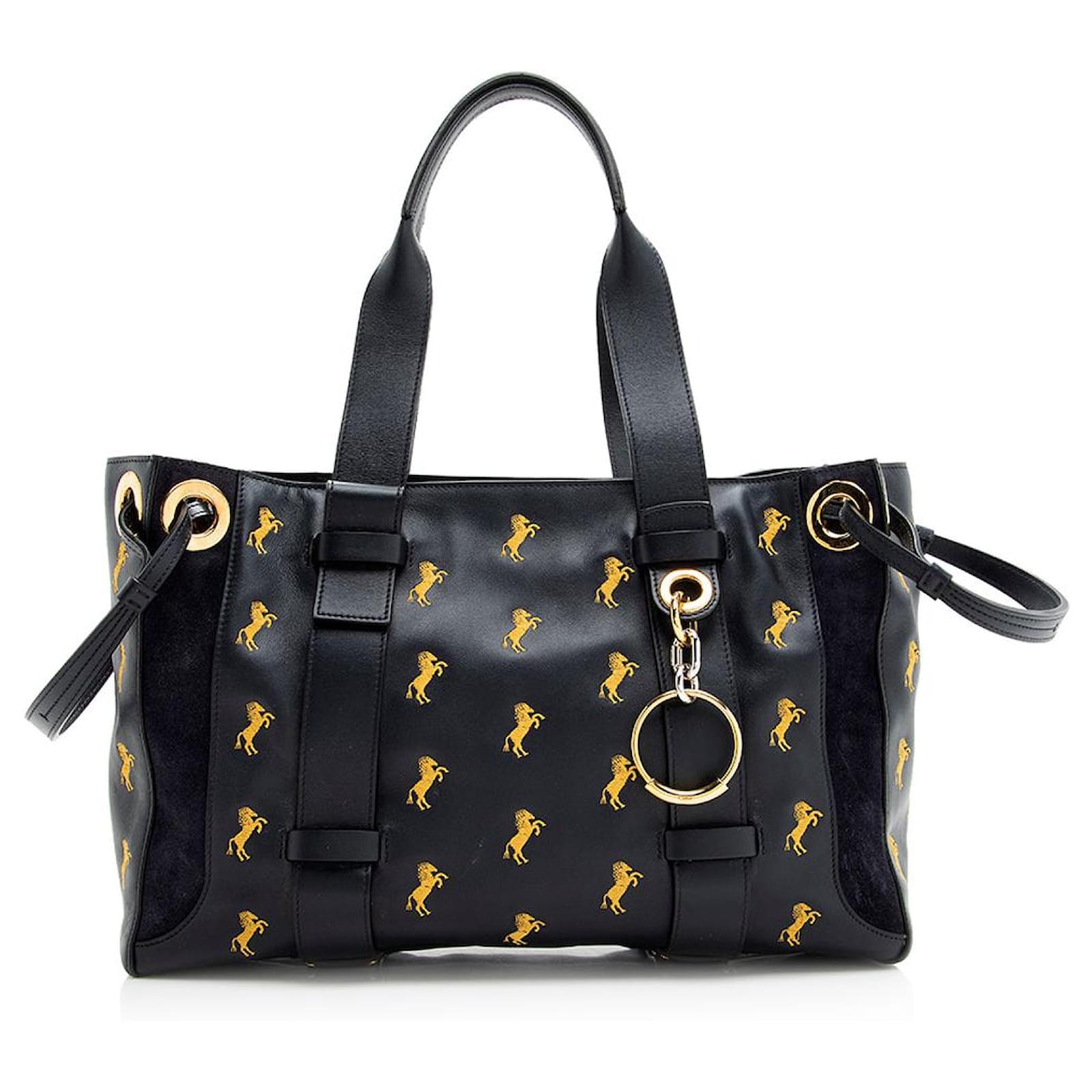 Chloé Chloe Leather Embroidered Little Horses Tao Tote Blue  ref.2316612