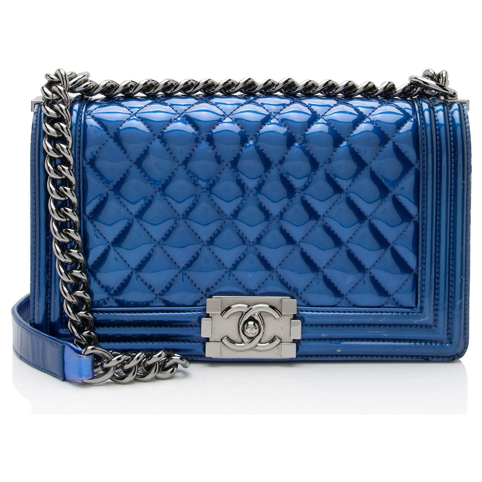 Chanel Metallic Patent Leather Old Medium Boy Bag Blue  ref.2316607
