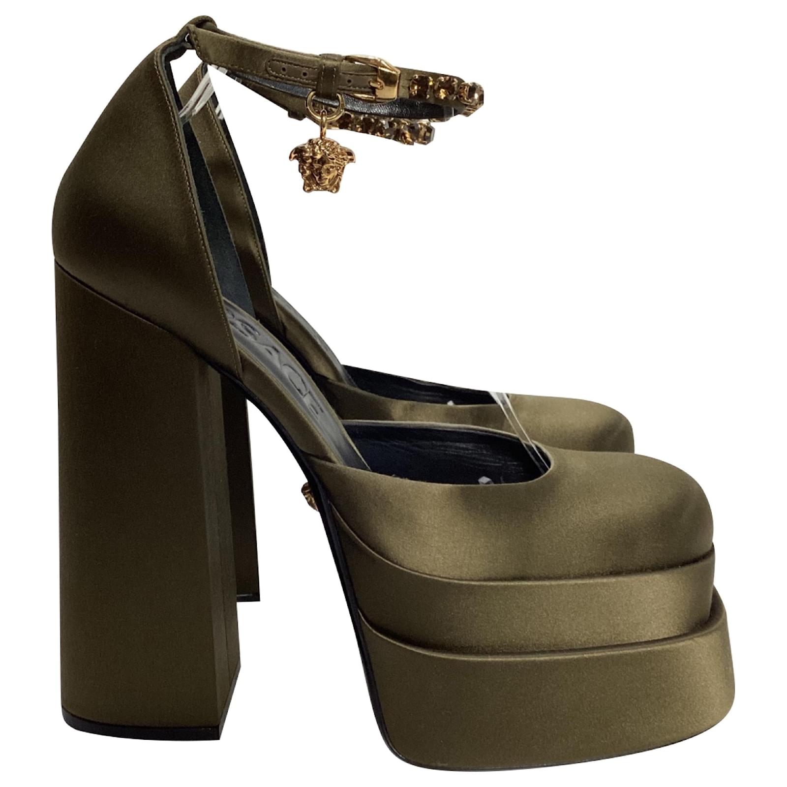  Versace Medusa Aevitas Ankle Strap Platform Pumps in Khaki Satin Green  ref.1879767
