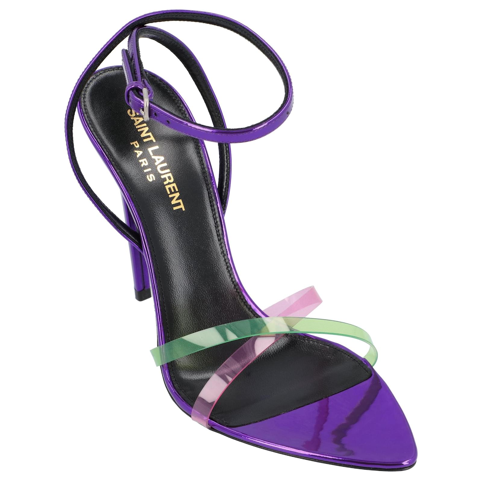 Saint Laurent Gippy Patent Leather And Plexi Sandals Purple Pony-style calfskin  ref.2276126