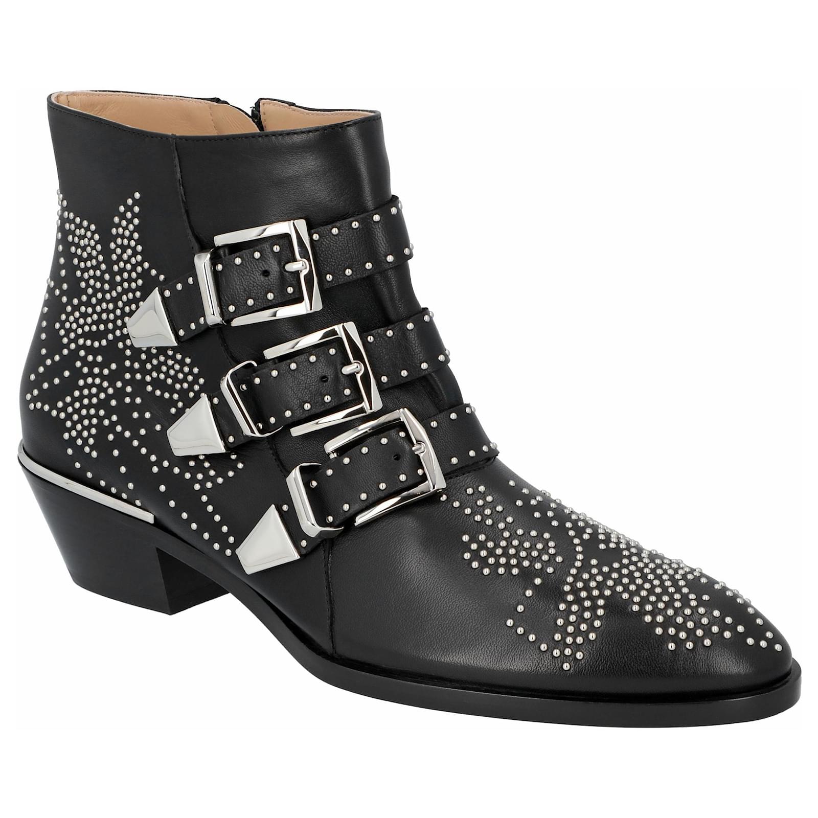 Chloé women susanna short boots in black leather with silver studs Brown Beige  ref.562289