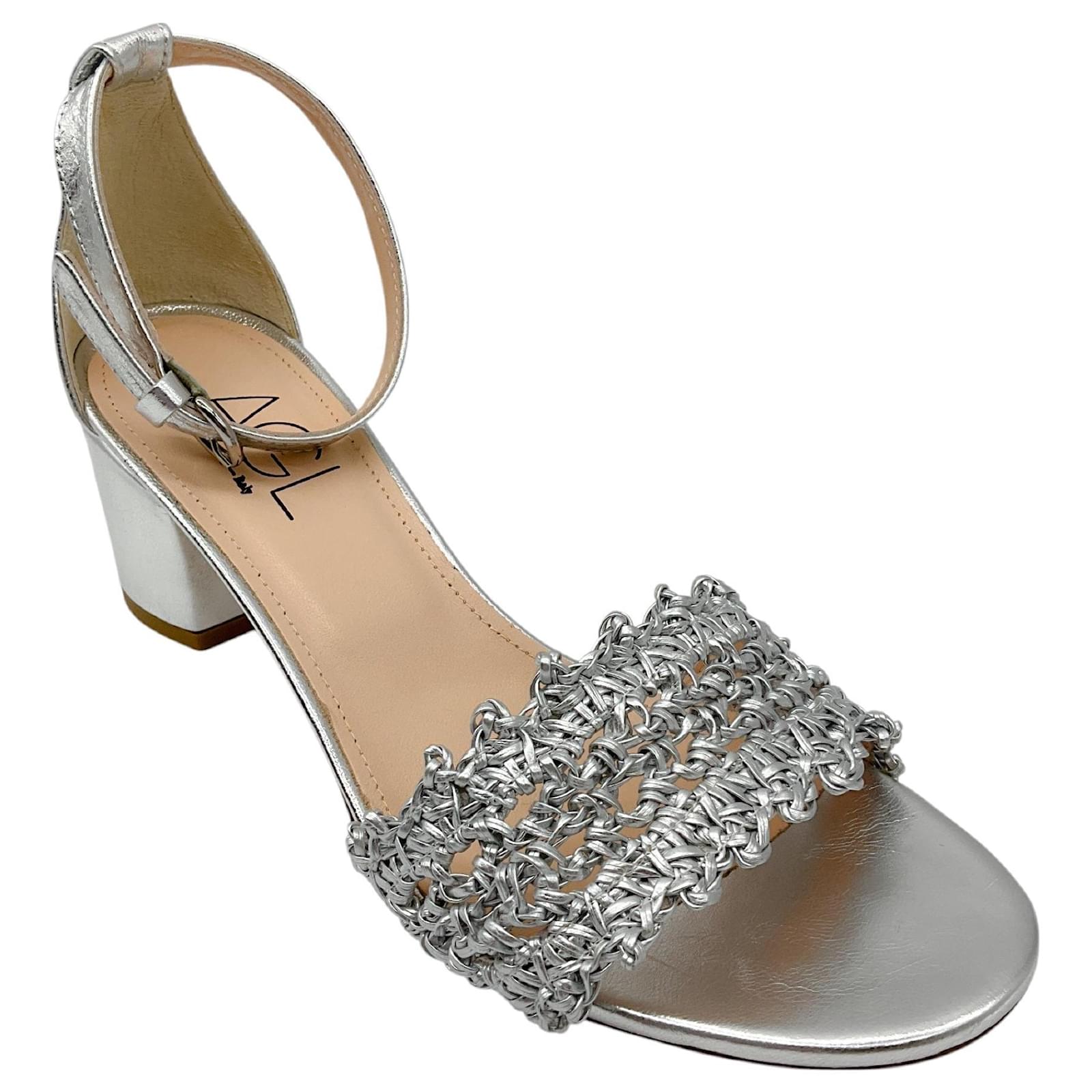 Bruno Magli AGL Silver Crochet Leather Ankle Strap Sandal Silvery  ref.2312680