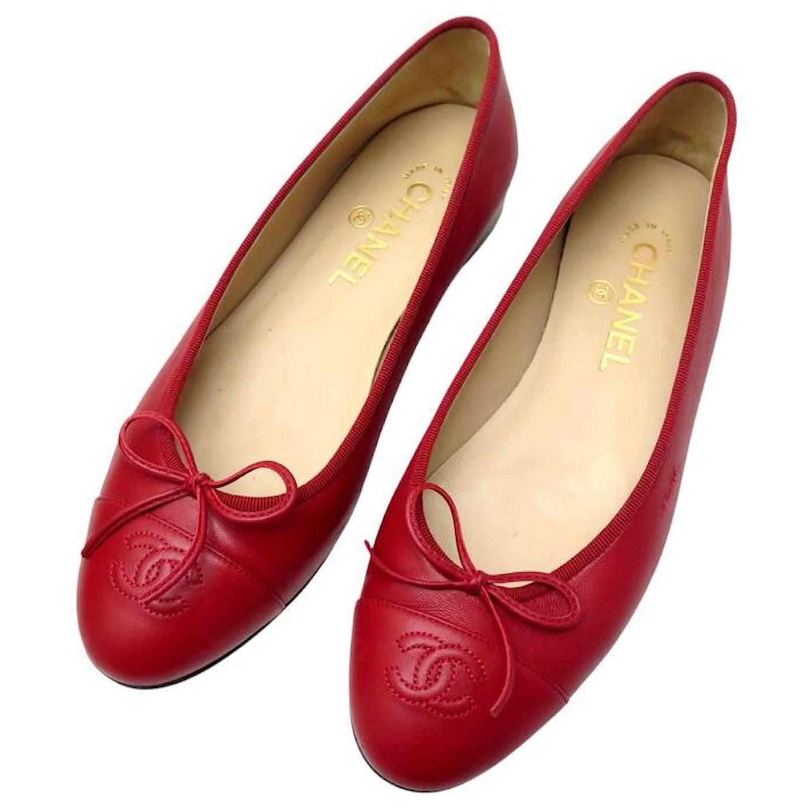 CHANEL BALLET FLATS LOGO CC LEATHER G02819 38 SMOOTH RED SHOES  ref.2311569