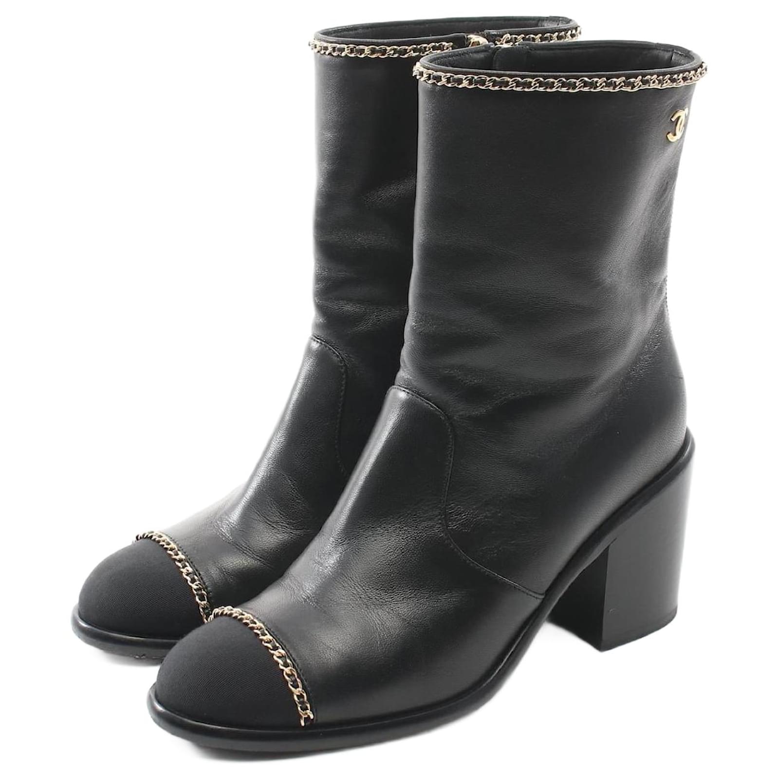 Chanel Coco Mark Leather Fabric Boots Black Cloth  ref.2311258