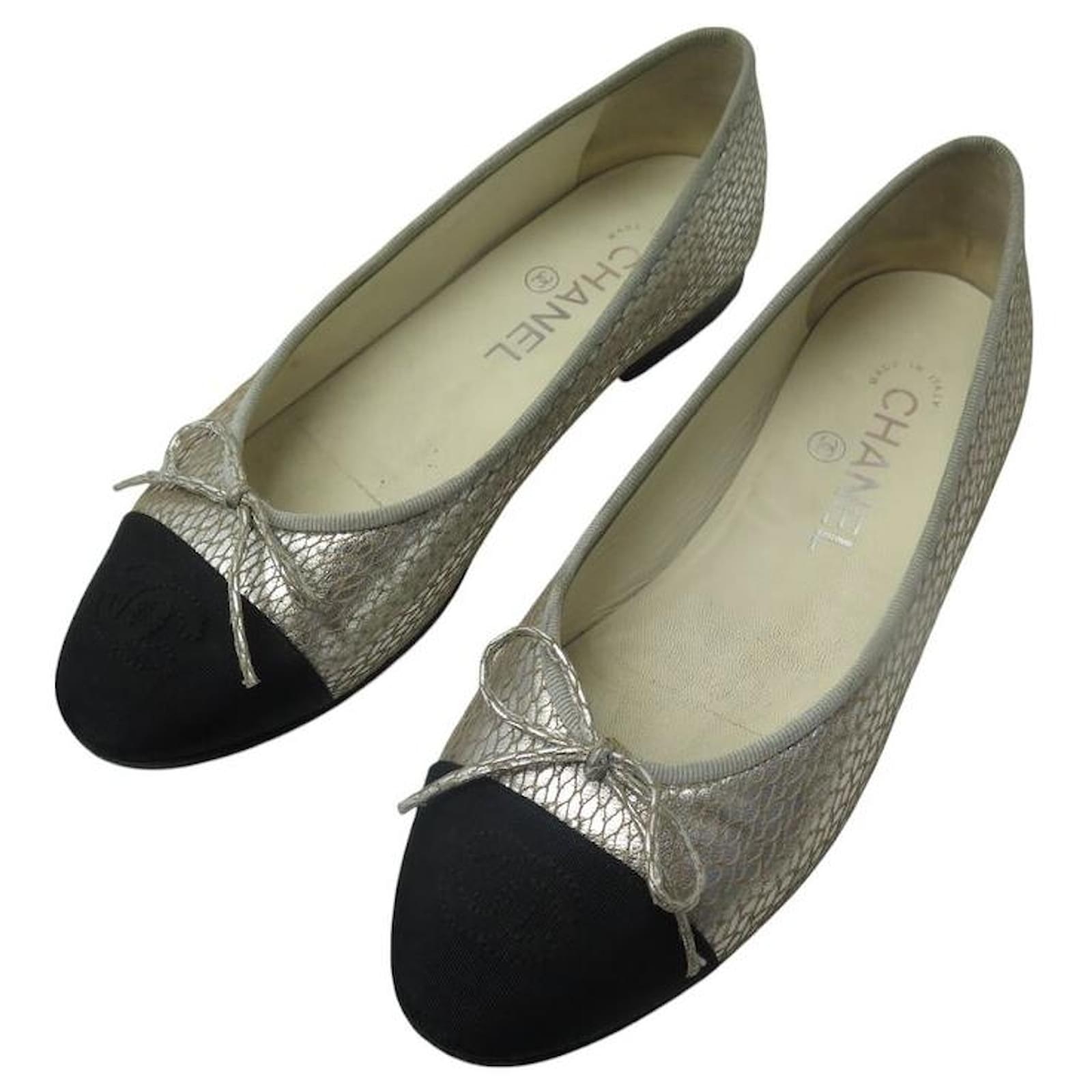 CHANEL GO2819 BALLET FLATS 36 IN SILVER LEATHER SNAKESKIN EFFECT SHOES Silvery  ref.2251042